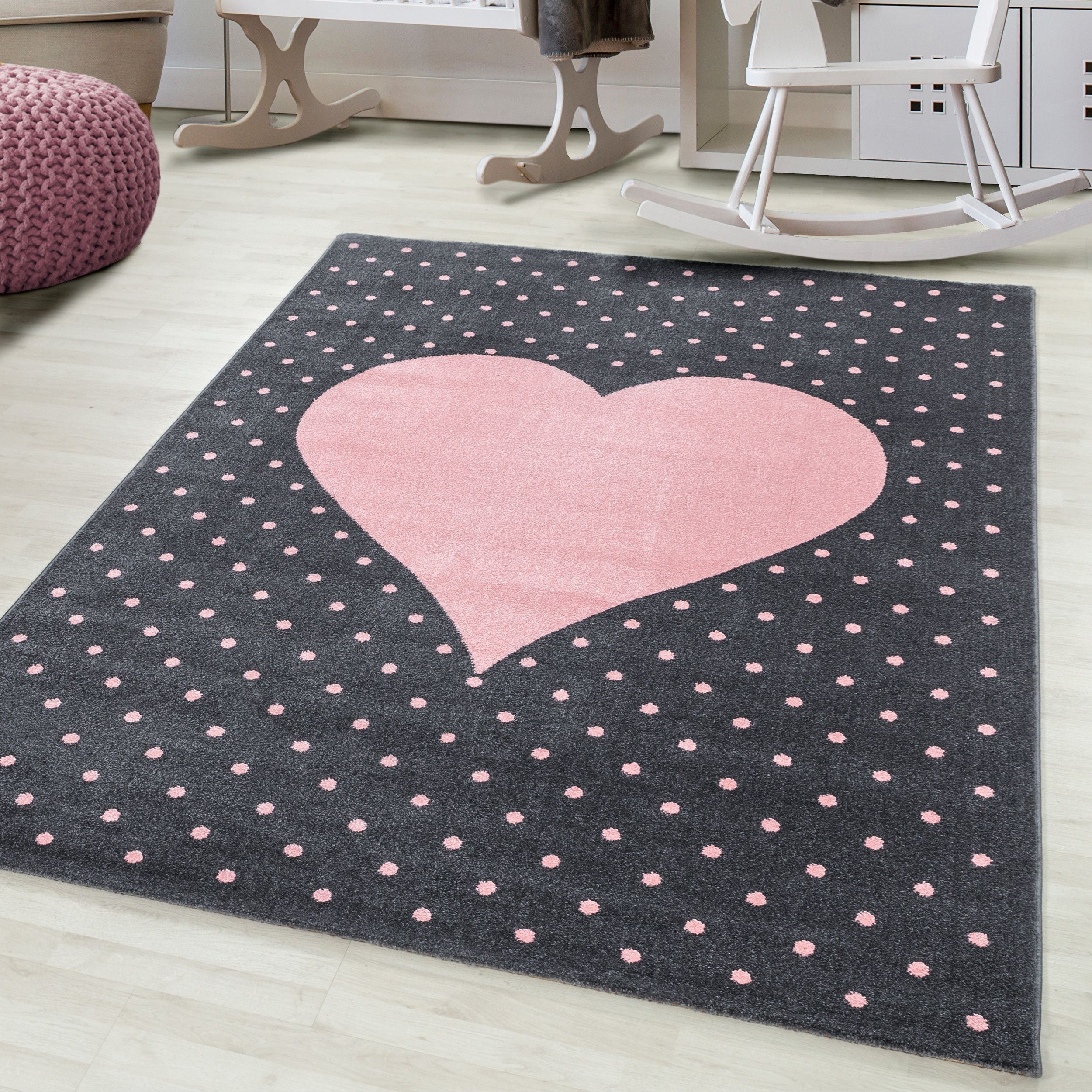 Kinderteppiche, Herz-Design, Farbe Pink, Teppich für Kinderzimmer, Rücken aus Jute