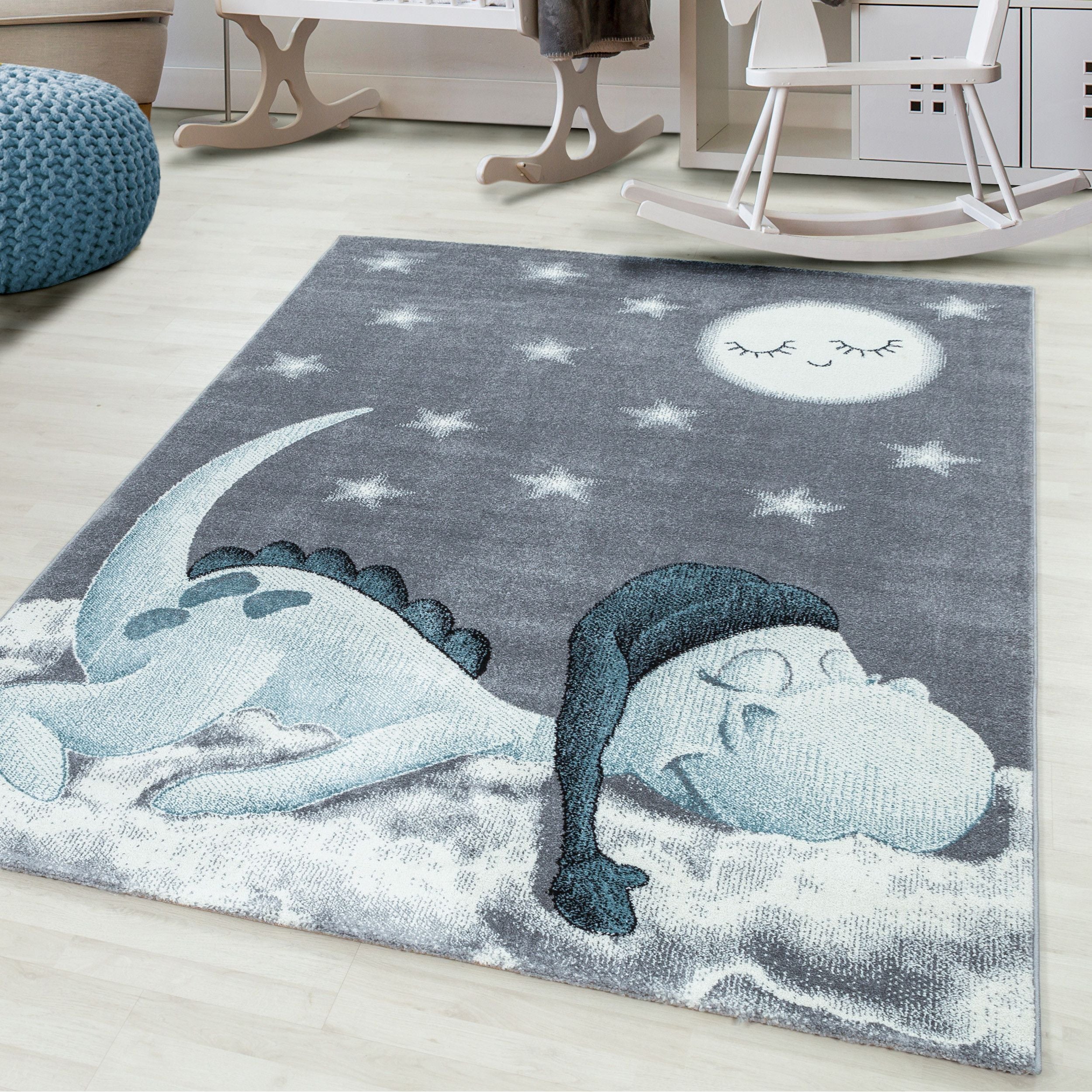Kinderteppiche, Dinosaurier Design, Farbe Blau, Teppich für Kinderzimmer, Rücken aus Jute