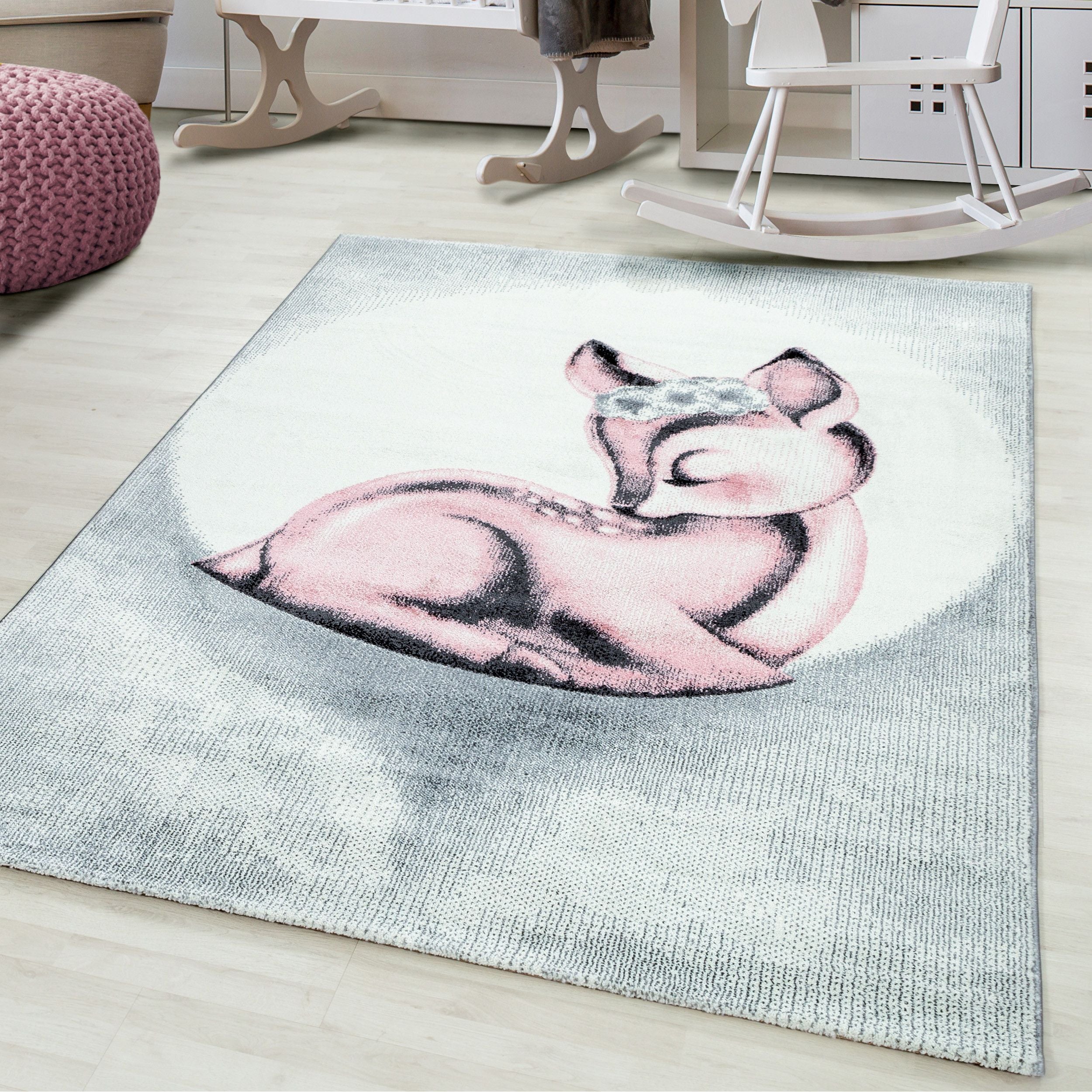 Kinderteppiche, Rehkitz Design, Farbe Pink, Teppich für Kinderzimmer, Rücken aus Jute