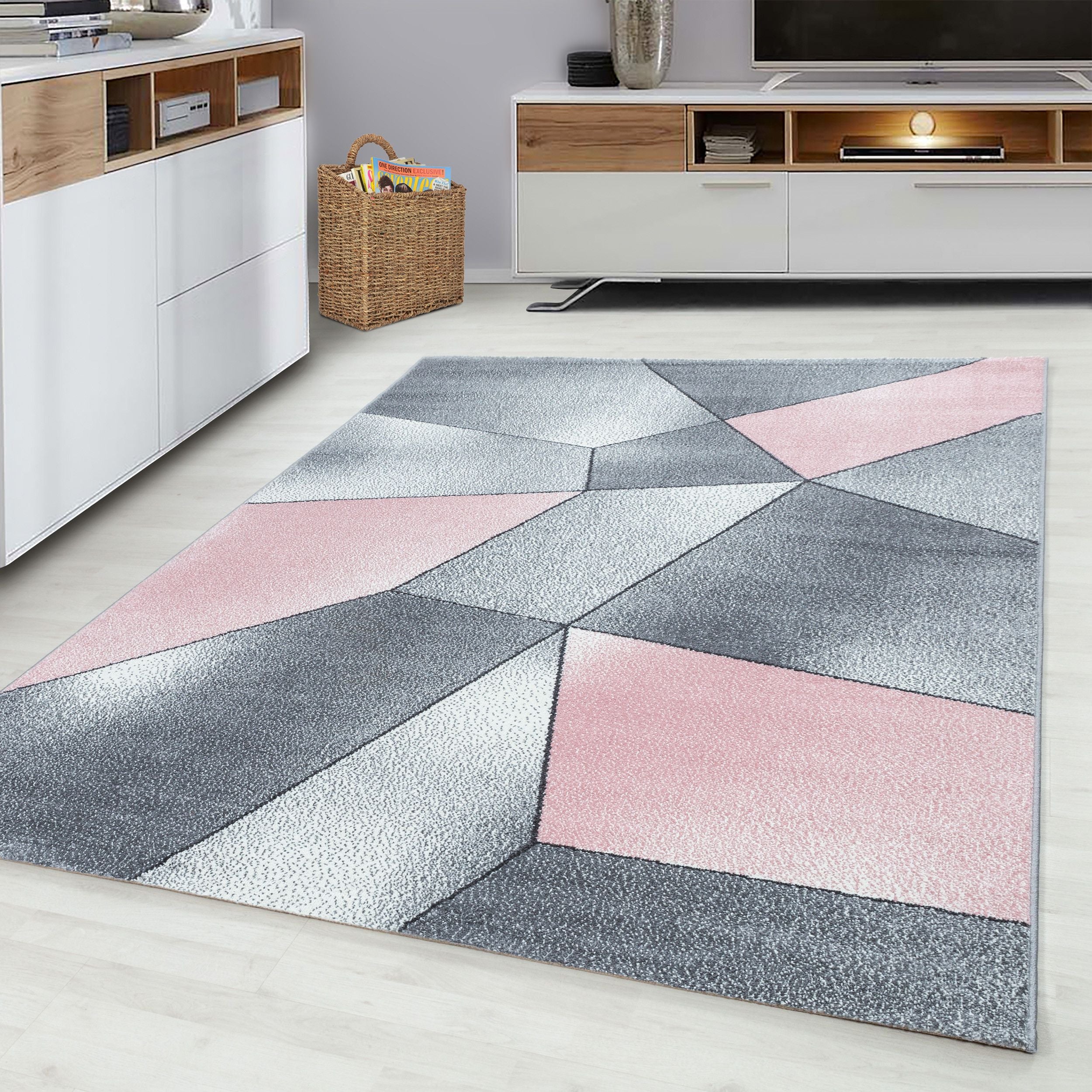 Beta Geometrischer Kurzflorteppich in Pink und Grau