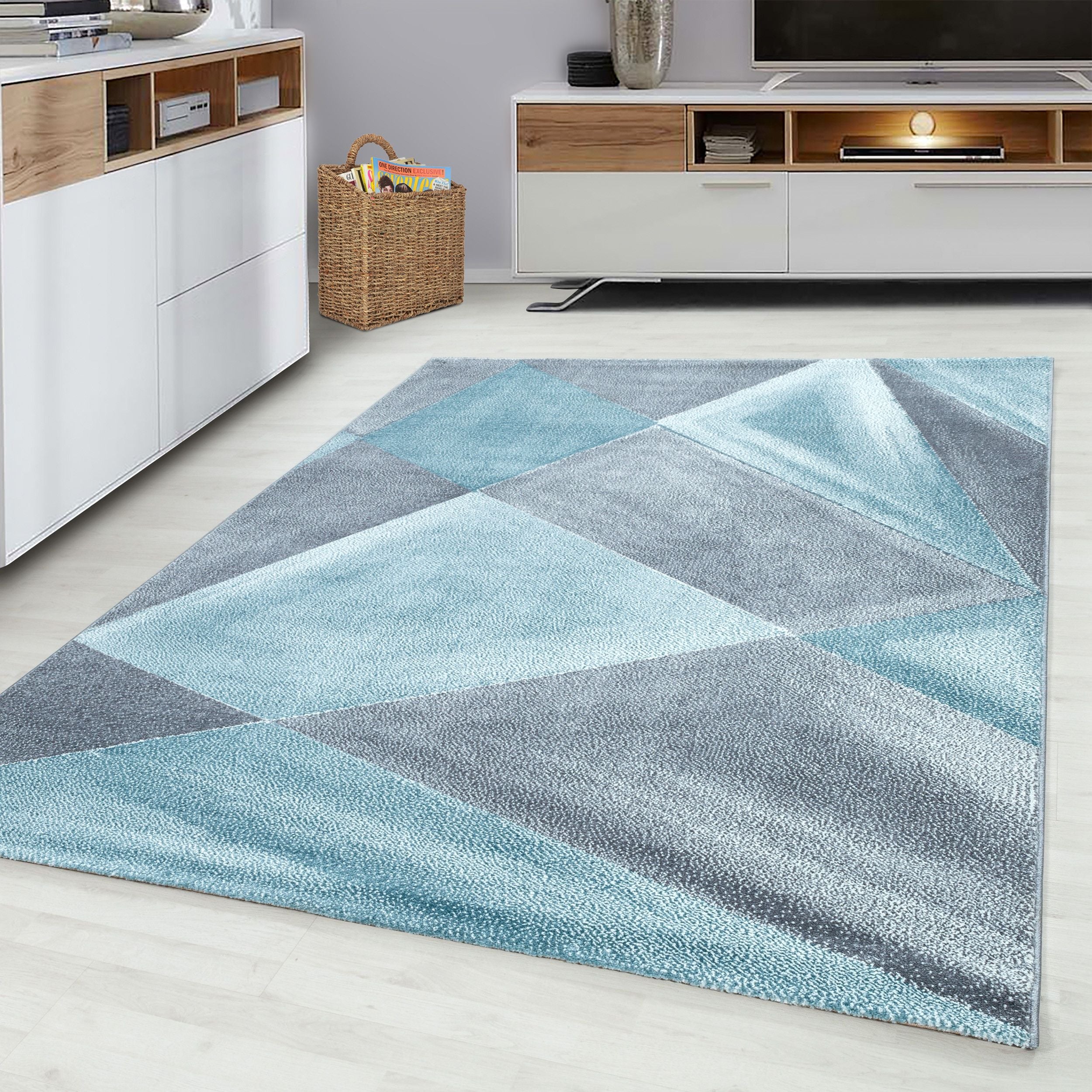 Kurzflorteppiche, Geometrisch Design, Farbe Blau, Teppich für Wohnzimmer, Rücken aus Jute