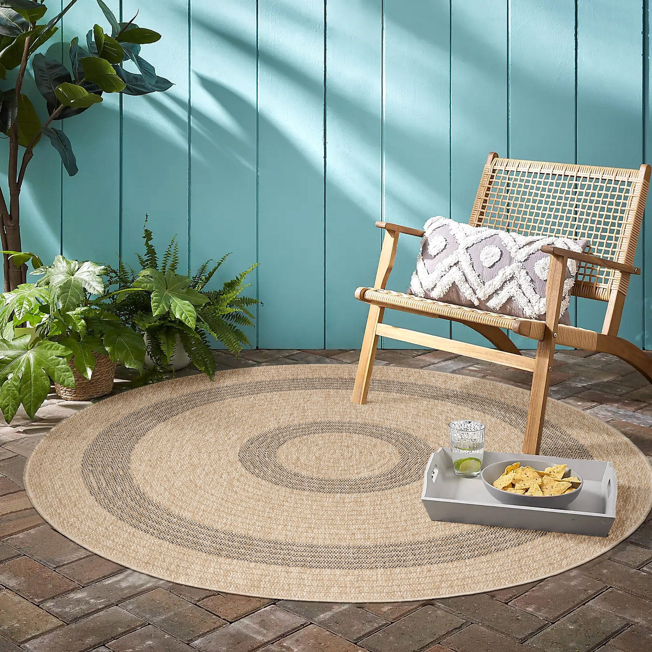 Runder Vintage Outdoor Teppich in Beige-Schwarz
