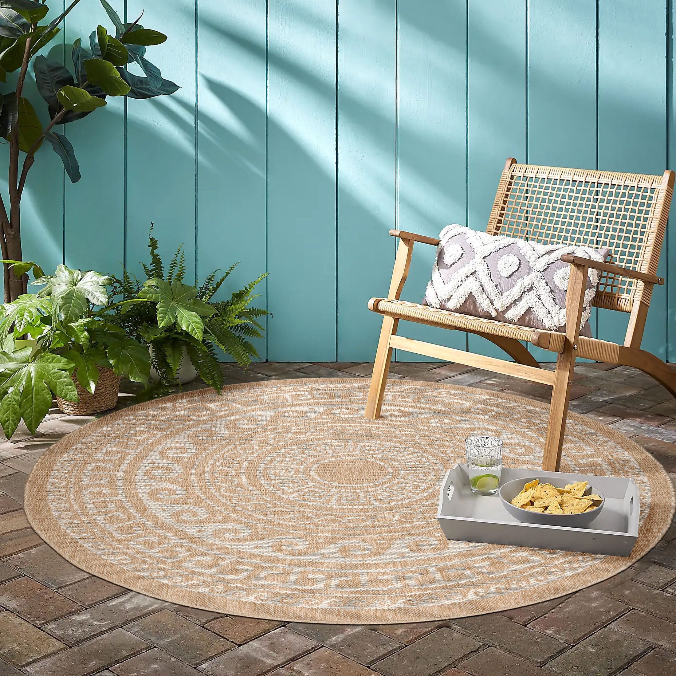 Runder Vintage Outdoor Teppich in Beige