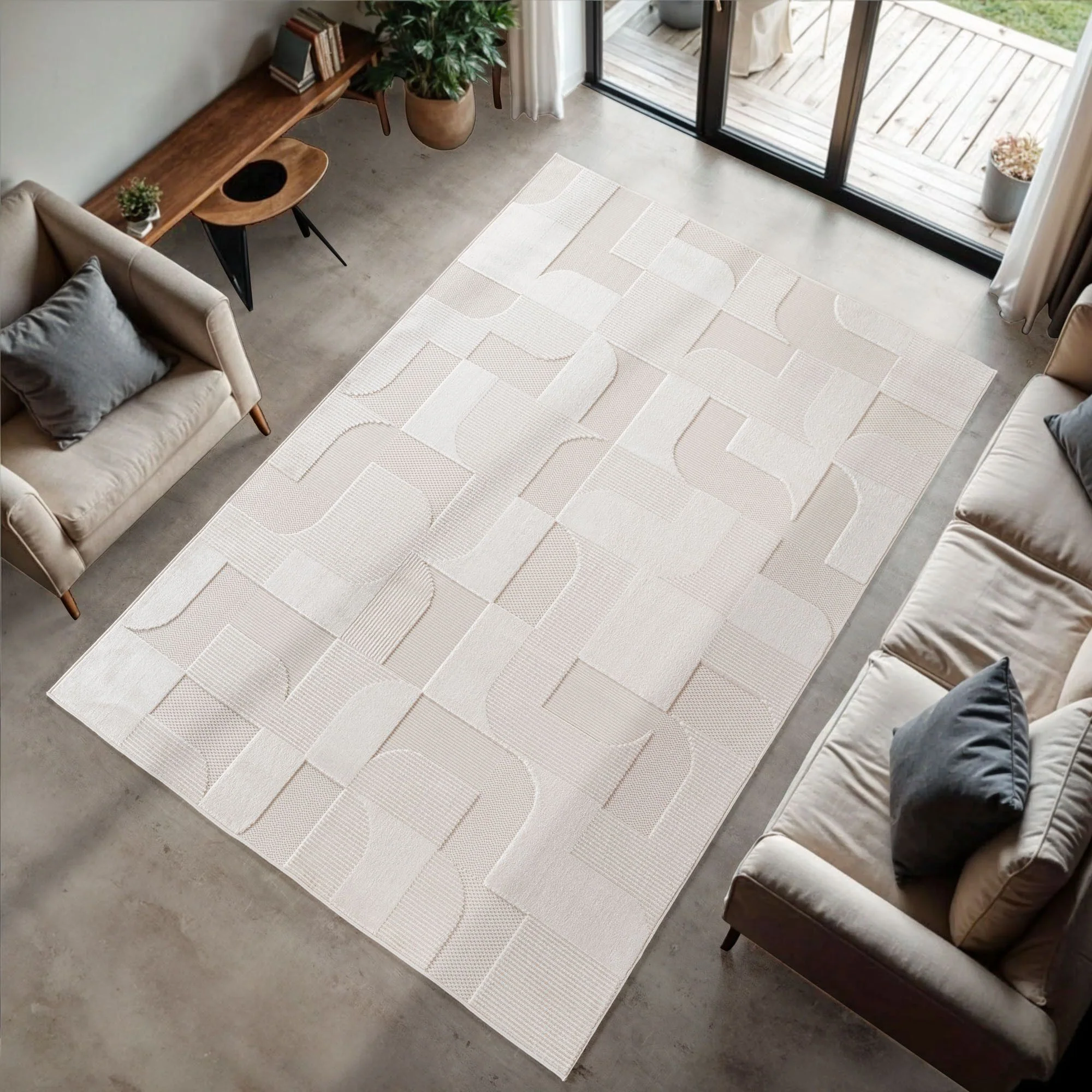 3D Kurzflor Teppich: Geometrisches Blockmuster in Creme