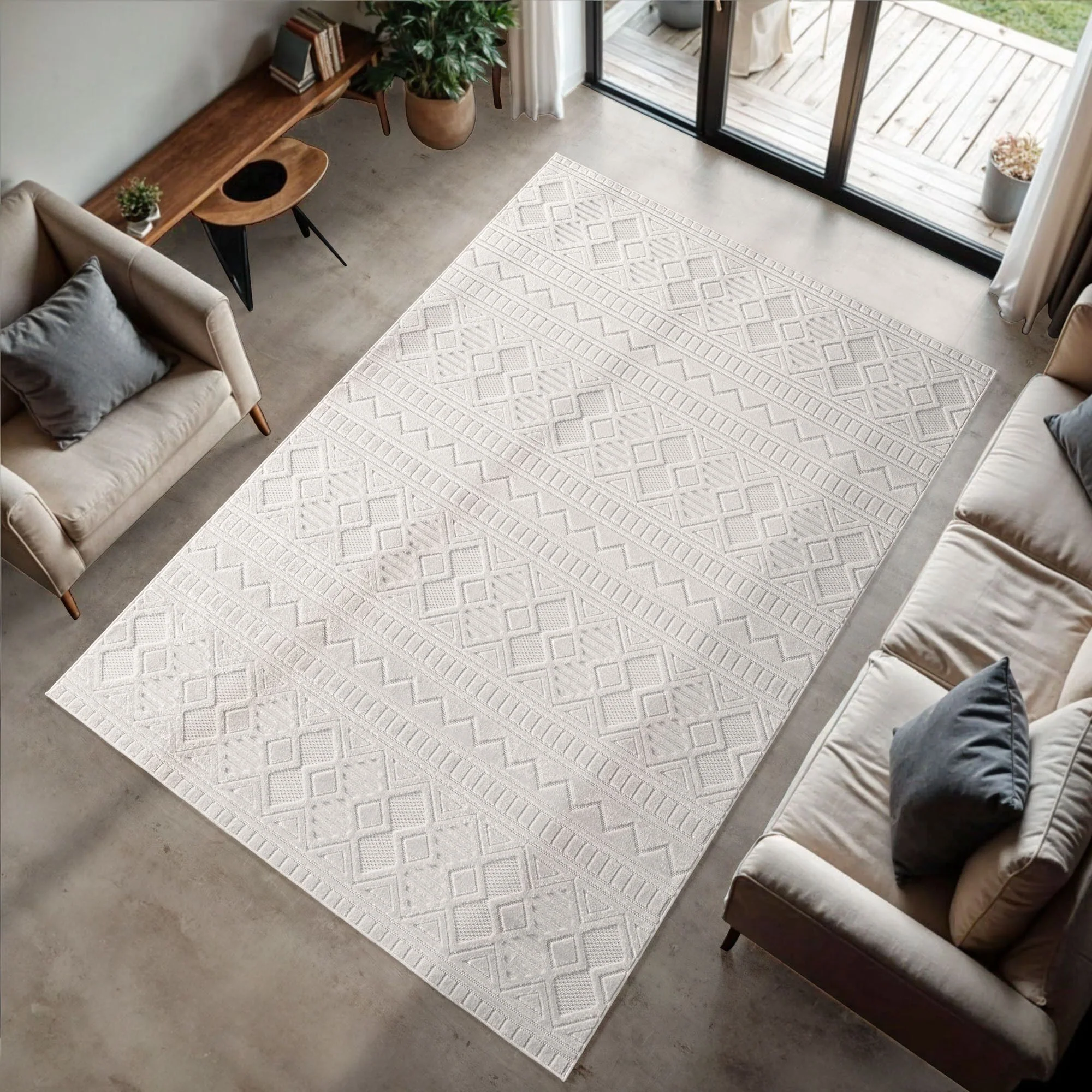 Doha Kurzflor Teppich in Creme mit feinen Boho-Details