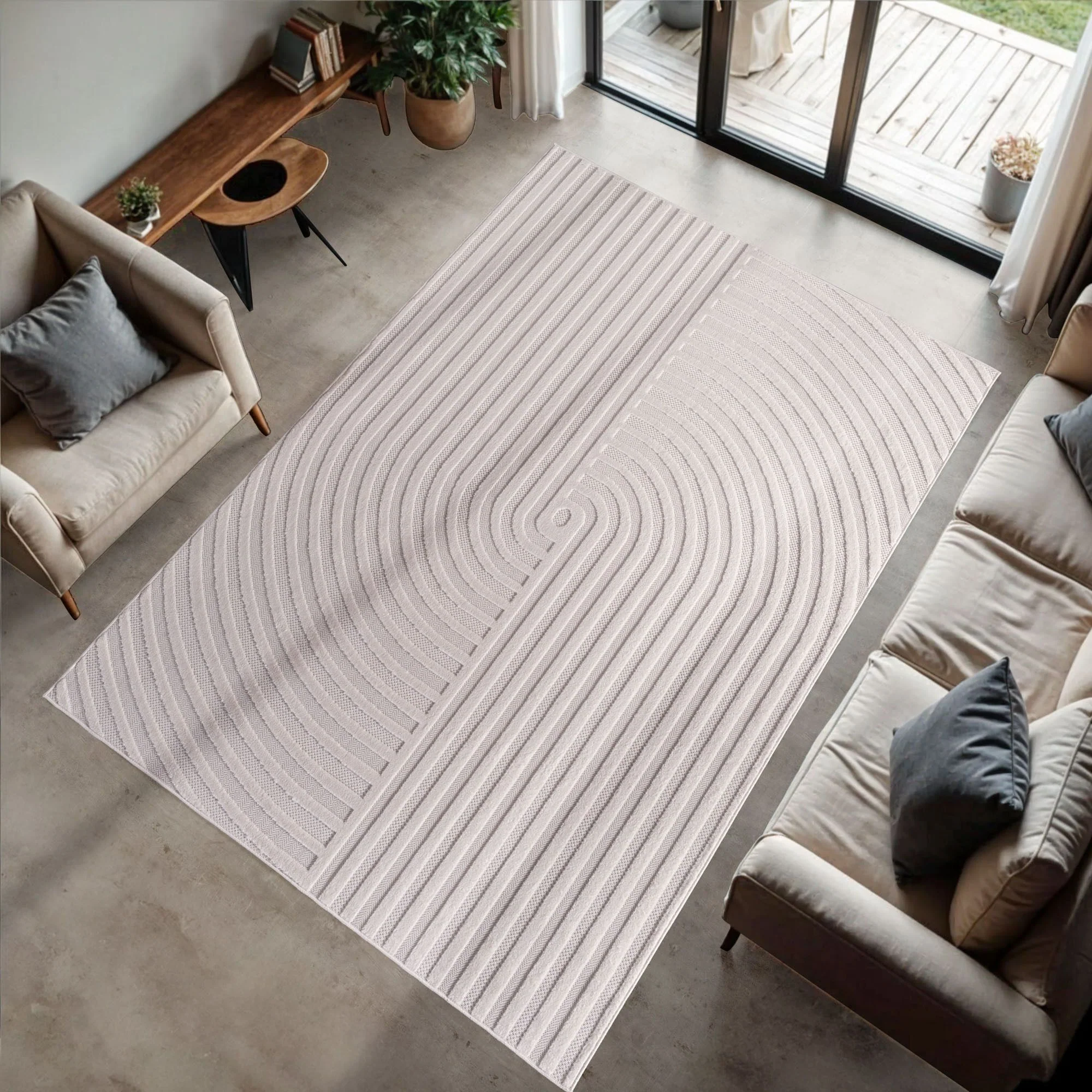 Doha Kurzflor Teppich Creme – 3D Boho Linien