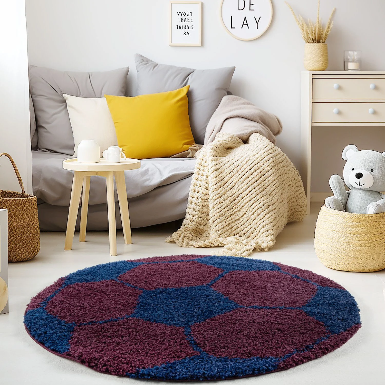 Kinderteppiche, Fußball-Design, Farbe Marineblau, Teppich für Kinderzimmer, Rücken aus Jute