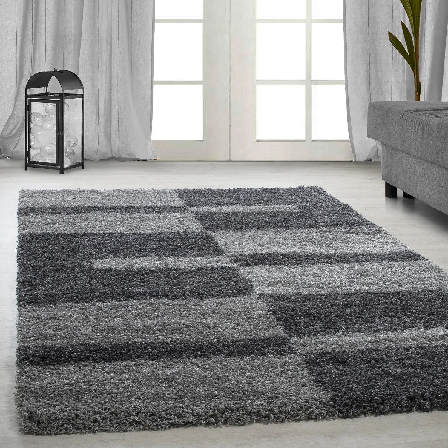 Hochflorteppiche, Kariert Design, Farbe Grau, Teppich für Wohnzimmer, Rücken aus Jute
