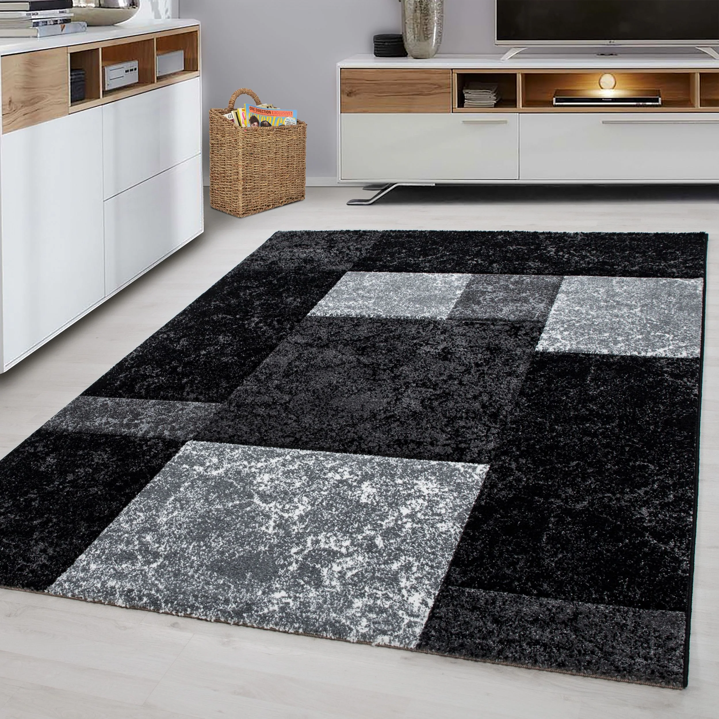 Hawaii Geometrisch Karierter Kurzflorteppich in Schwarz