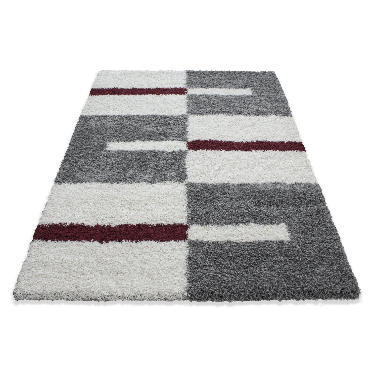 Hochflor Langflor Wohnzimmer Shaggy Teppich Florhöhe 3cm Grau-Weiss-Rot - Image 6