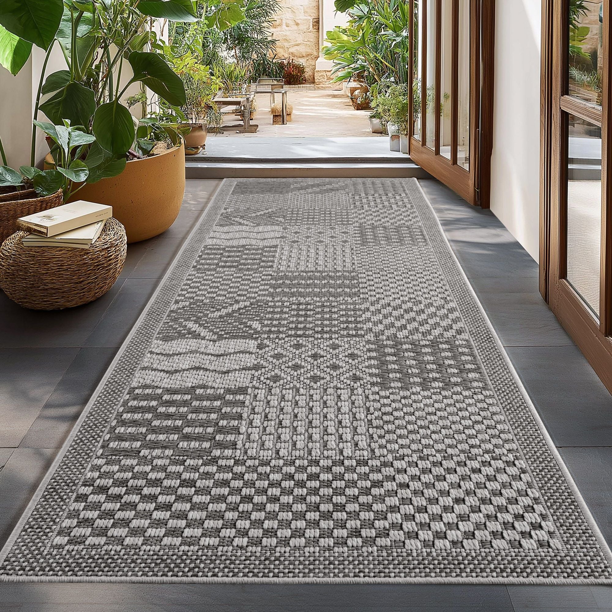 In- & Outdoorteppiche Grau 8x15 cm Läufer, Wetterfest & UV-beständig, Ideal für Küche, Balkon, Terrasse, Wohnzimmer und Esszimmer, Einfarbig im Boho-Stil.
