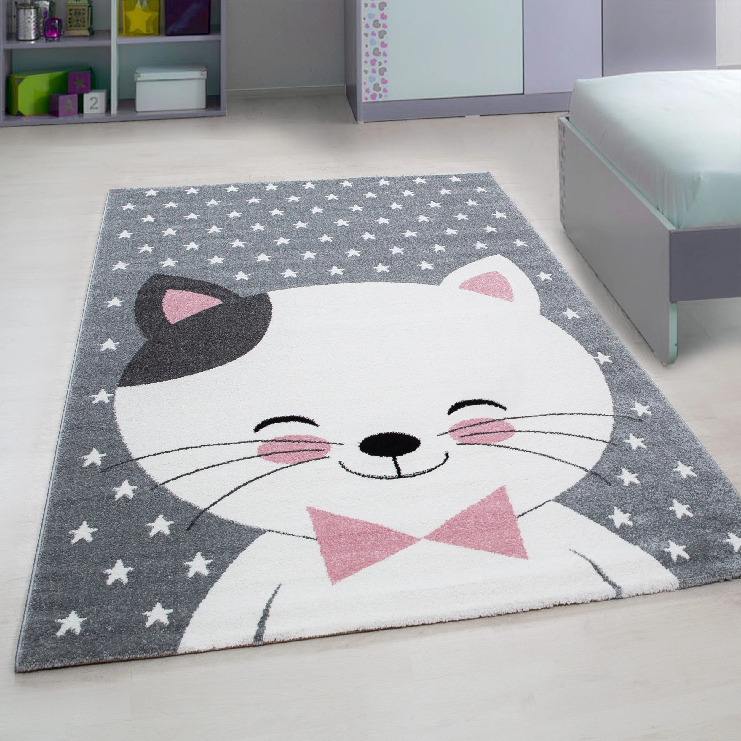 Kinderteppiche, Niedliches Katze design, Farbe Pink, Teppich für Kinderzimmer, Rücken aus Jute
