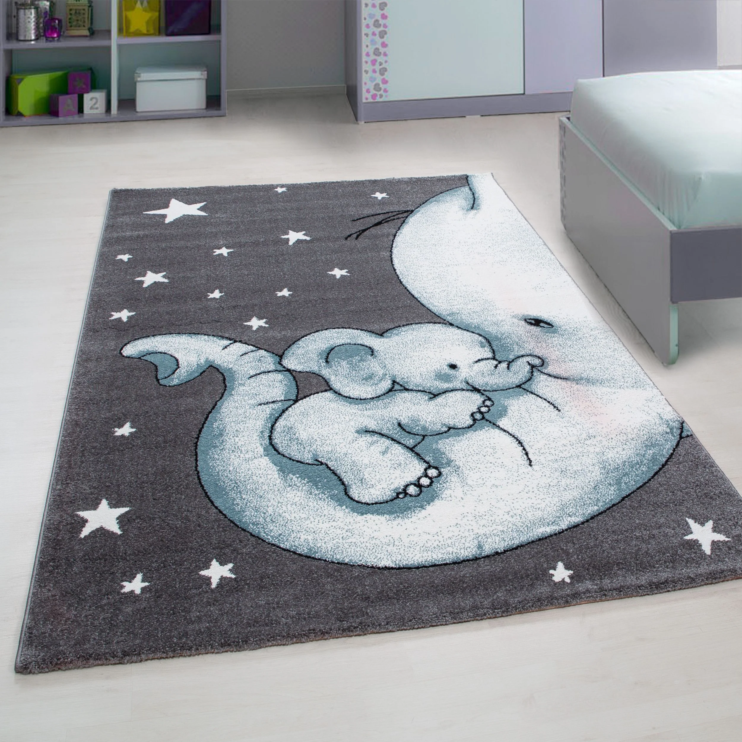 Kinderteppiche, Elefant-Design, Farbe Blau, Teppich für Kinderzimmer, Rücken aus Jute