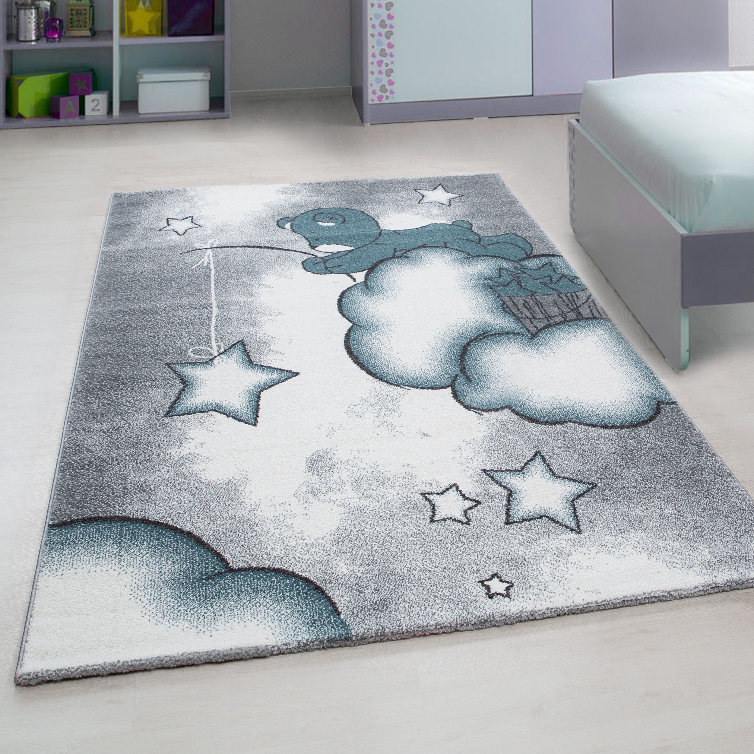 Kinderteppiche, Bär-Design, Farbe Blau, Teppich für Kinderzimmer, Rücken aus Jute