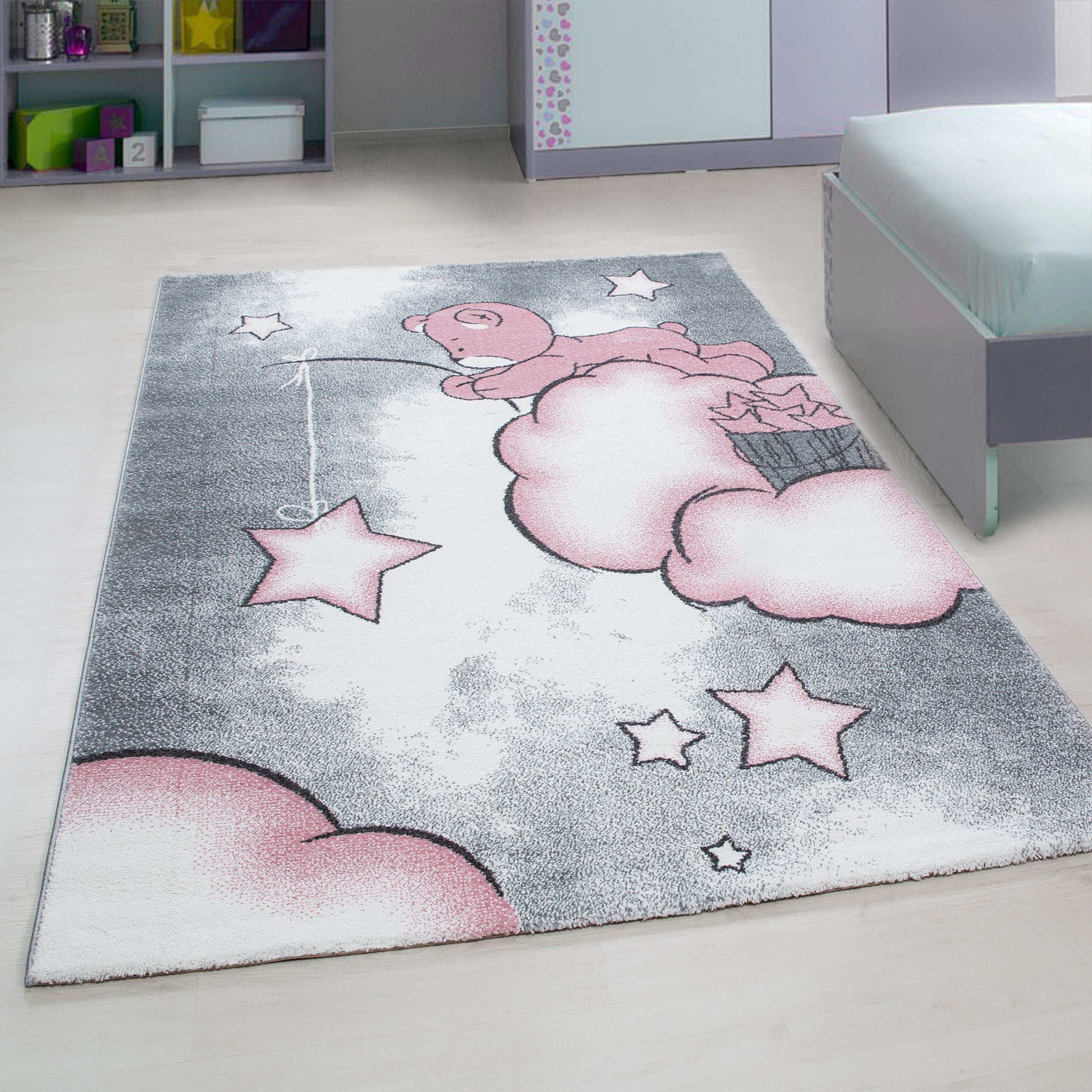 Kinderteppiche, Bär-Design, Farbe Pink, Teppich für Kinderzimmer, Rücken aus Jute