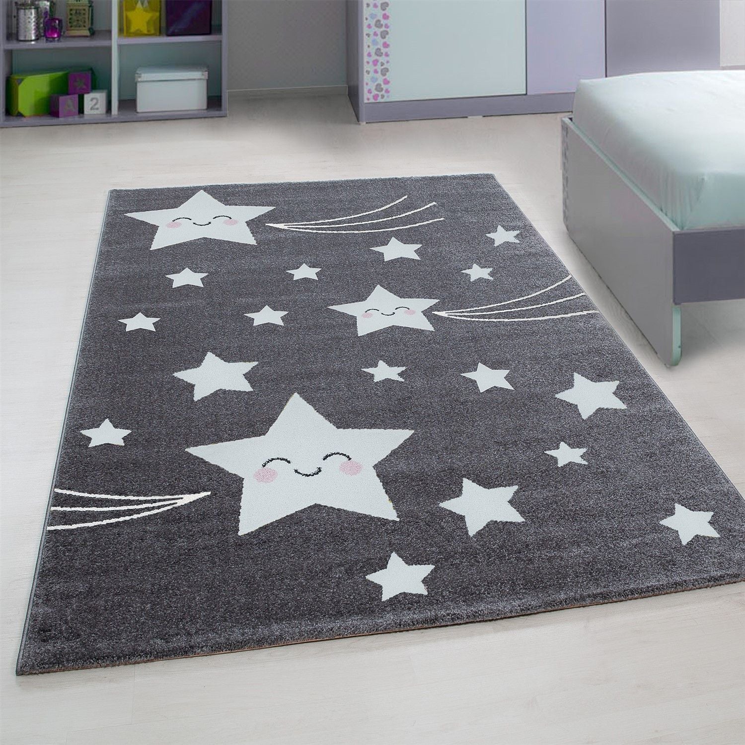 Kinderteppiche, Sterne-Design, Farbe Grau, Teppich für Kinderzimmer, Rücken aus Jute