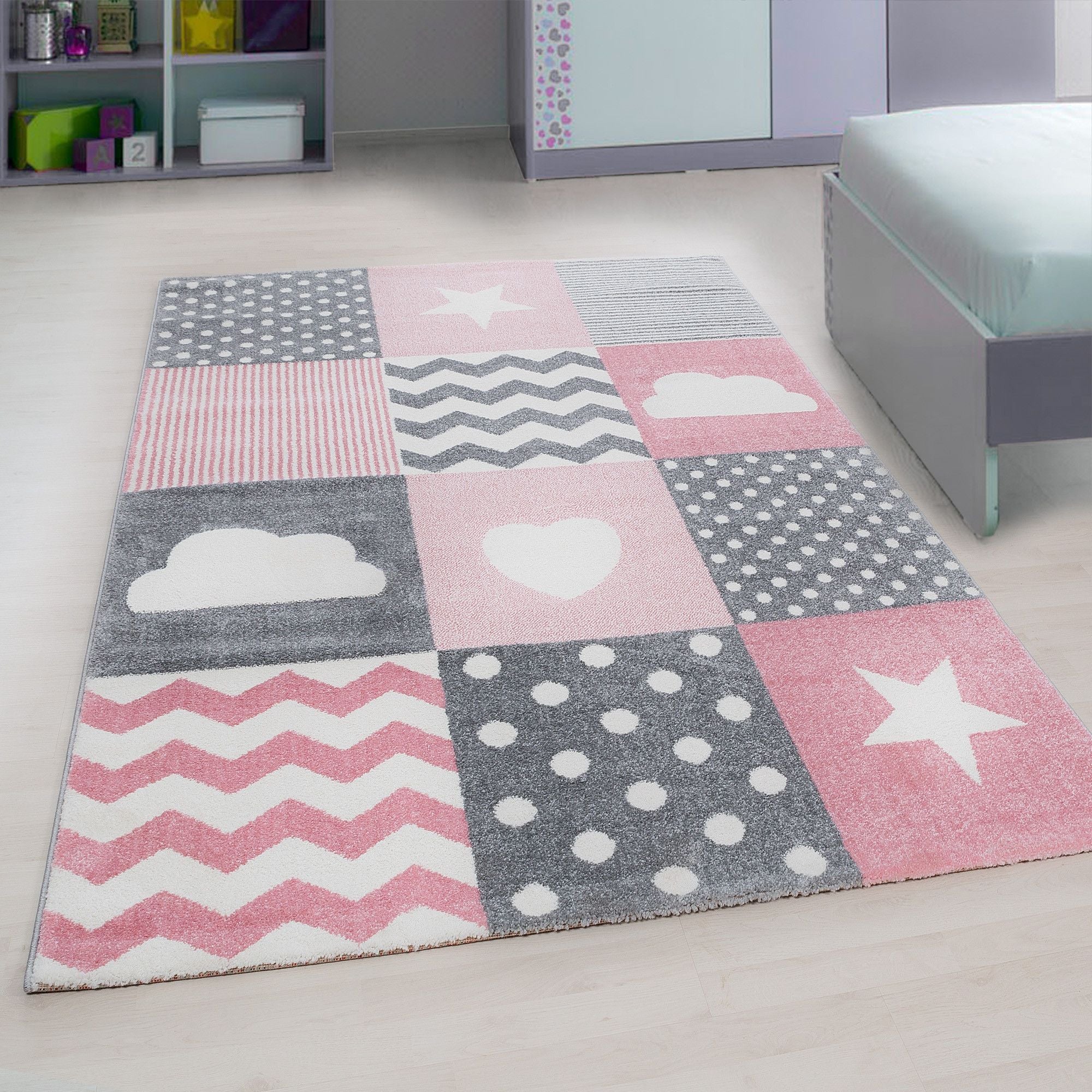 Kinderteppiche, Herz- und Stern Design, Farbe Pink, Teppich für Kinderzimmer, Rücken aus Jute