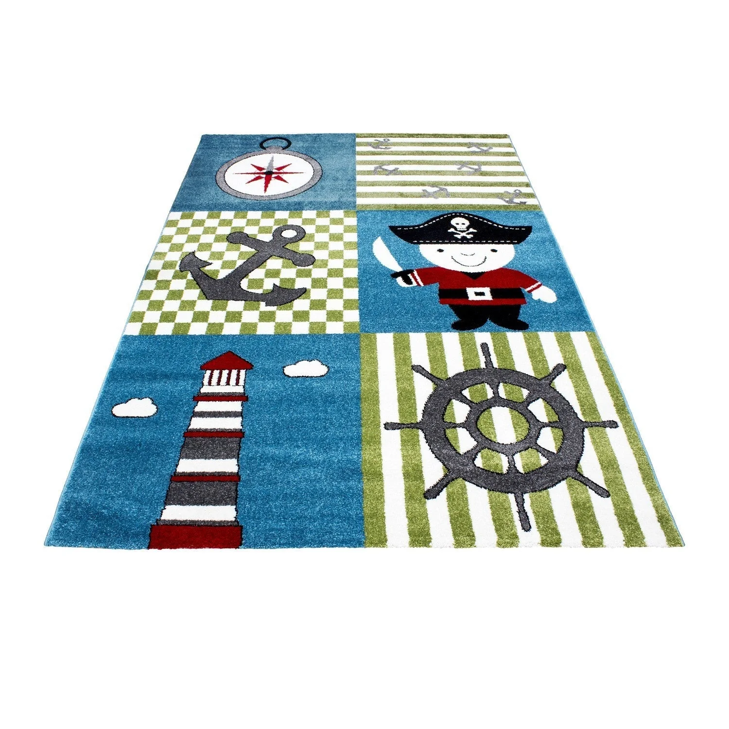 Kinderteppich Kinderzimmer Pirat Muster Kurzflor Pflegeleicht Blau Grün Weiss - Image 6