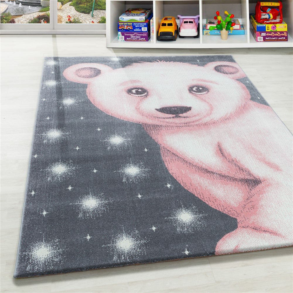 Kinderteppich Kinderzimmer süßes Bärenmotiv Pink Grau Weiß Farben