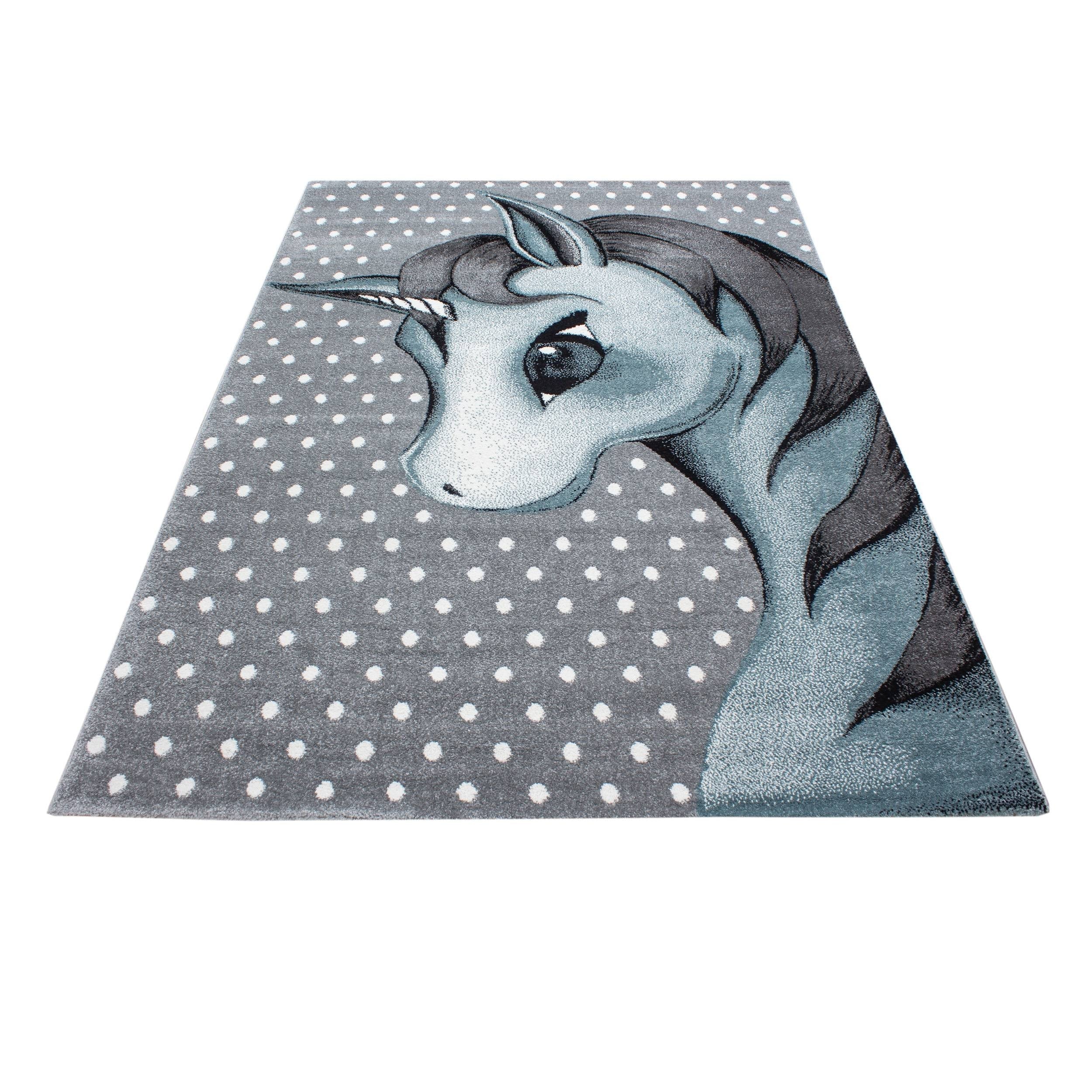 Kinderteppich Kinderzimmer Teppich Einhorn Muster Grau-Weiß-Blau - Image 6