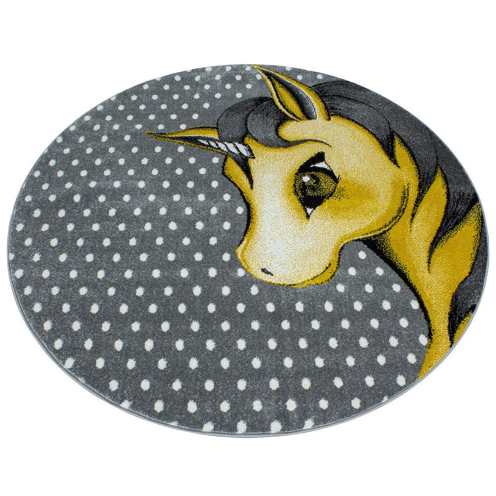 Kinderteppich Kinderzimmer Teppich Einhorn Muster Grau-Weiß-Gelb - Image 3