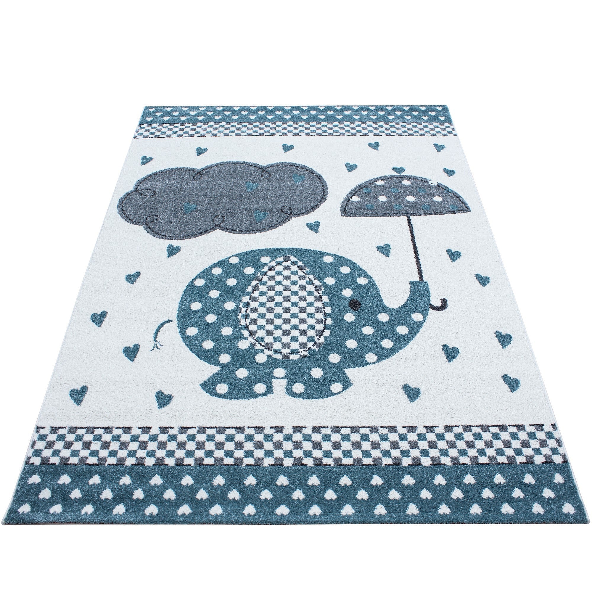 Kinderteppich Kinderzimmer Teppich Elefant Herzregen Grau-Weiß-Blau - Image 7