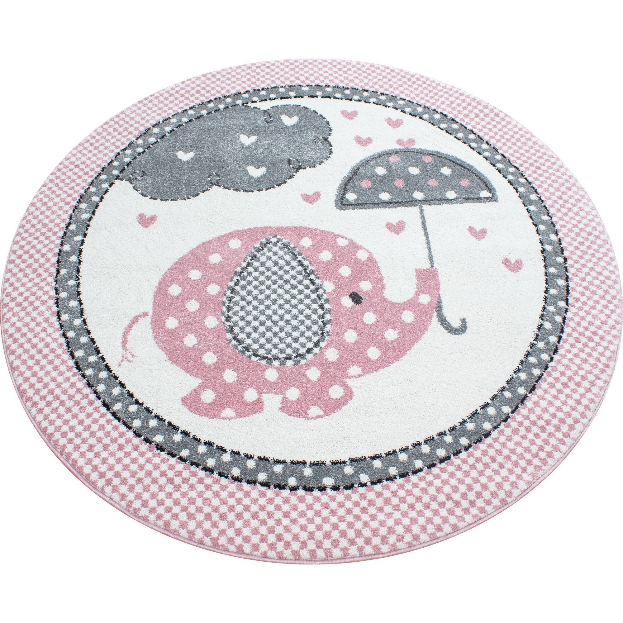 Kinderteppich Kinderzimmer Teppich Elefant Herzregen Grau-Weiß-Pink - Image 6