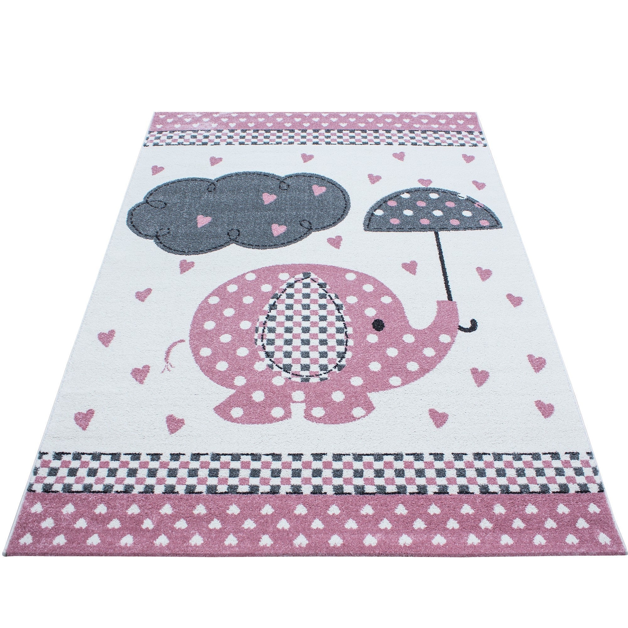 Kinderteppich Kinderzimmer Teppich Elefant Herzregen Grau-Weiß-Pink - Image 7