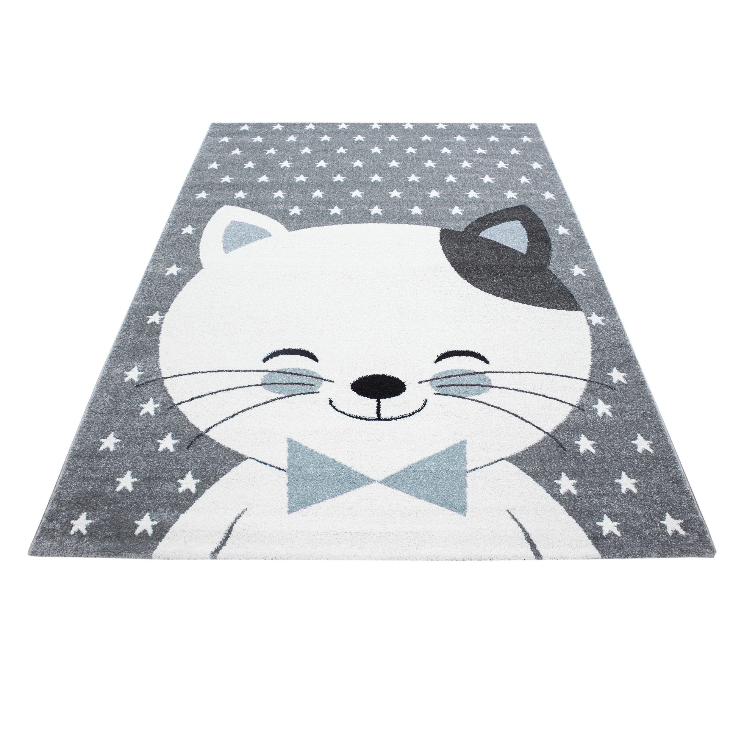 Kinderteppich Kinderzimmer Teppich Katze Sternmotiv Grau-Weiß-Blau - Image 7