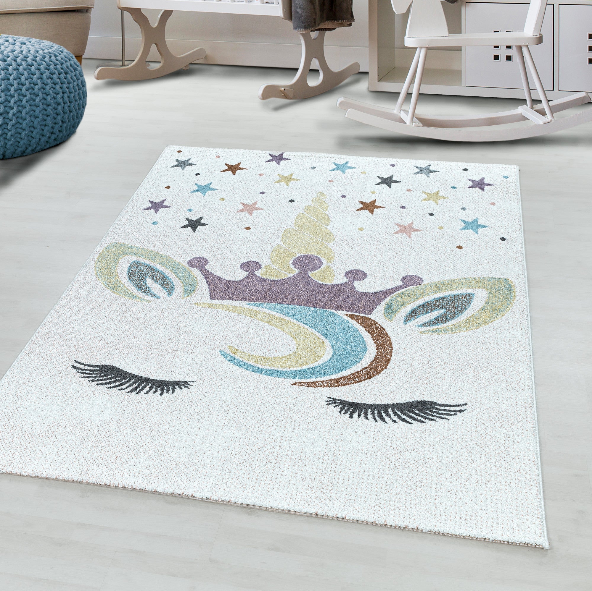 Kinderteppich Kurzflor Teppich Kinderzimmer Einhorn Bunte Sterne Krone Weiss