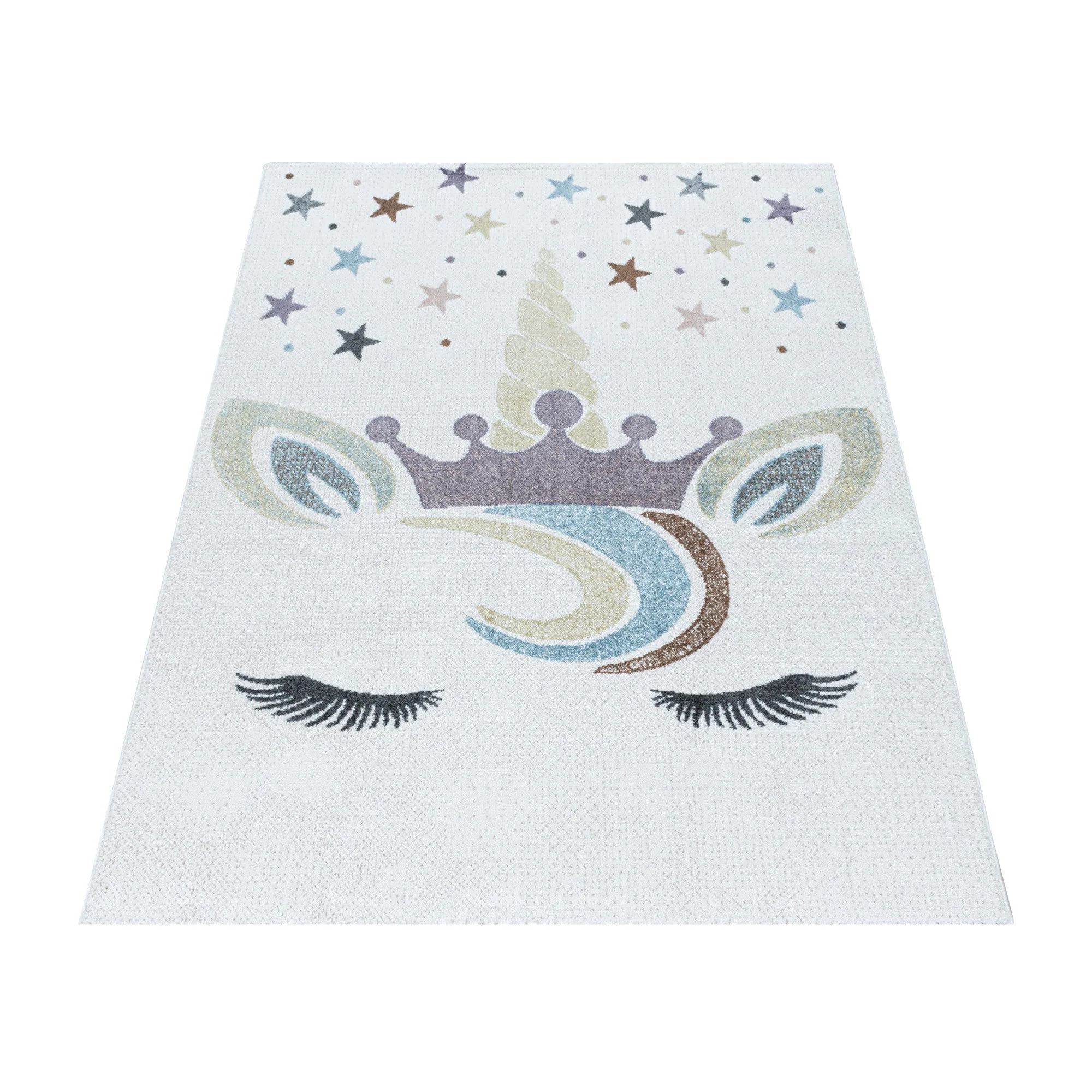 Kinderteppich Kurzflor Teppich Kinderzimmer Einhorn Bunte Sterne Krone Weiss - Image 3