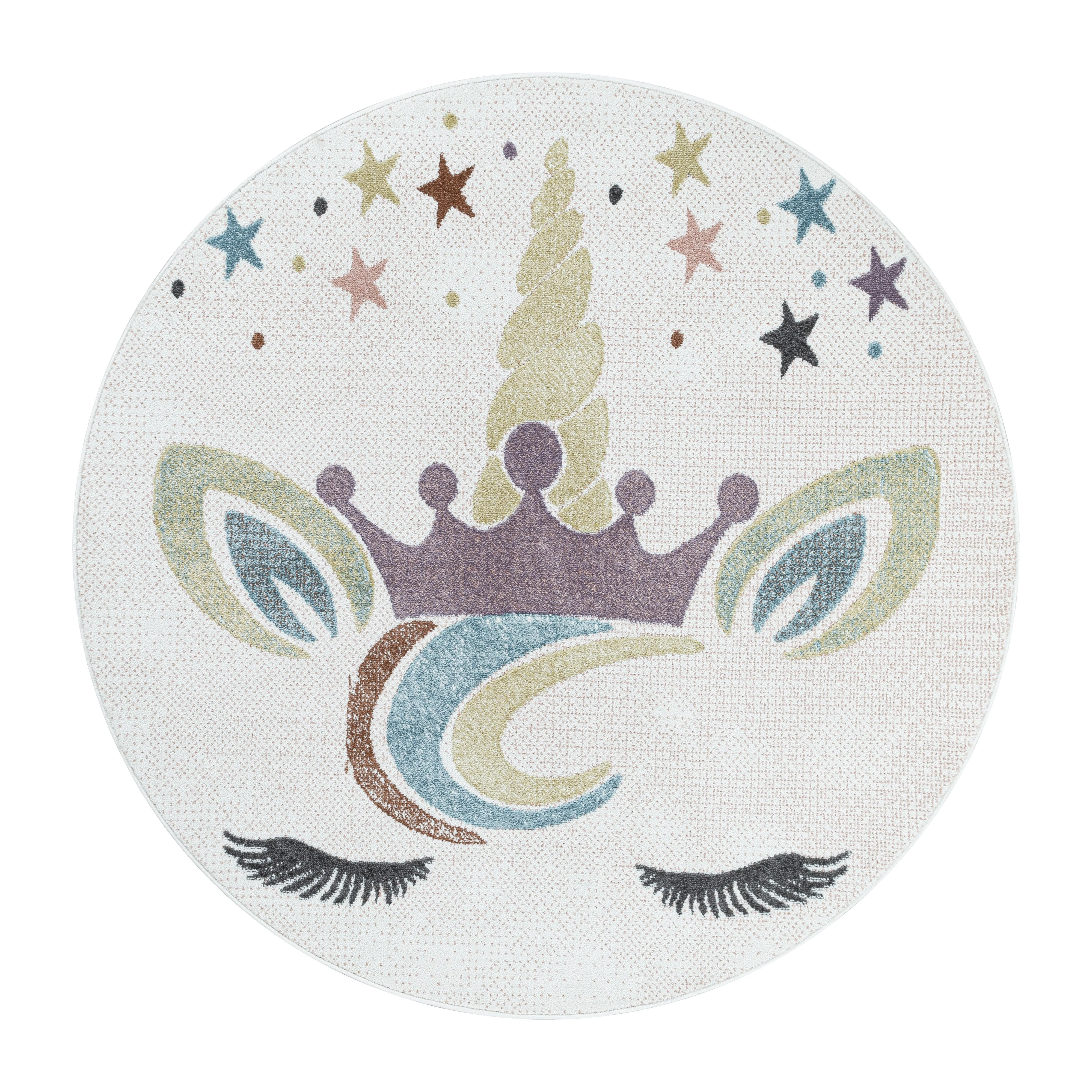 Kinderteppich Kurzflor Teppich Kinderzimmer Einhorn Bunte Sterne Krone Weiss - Image 4