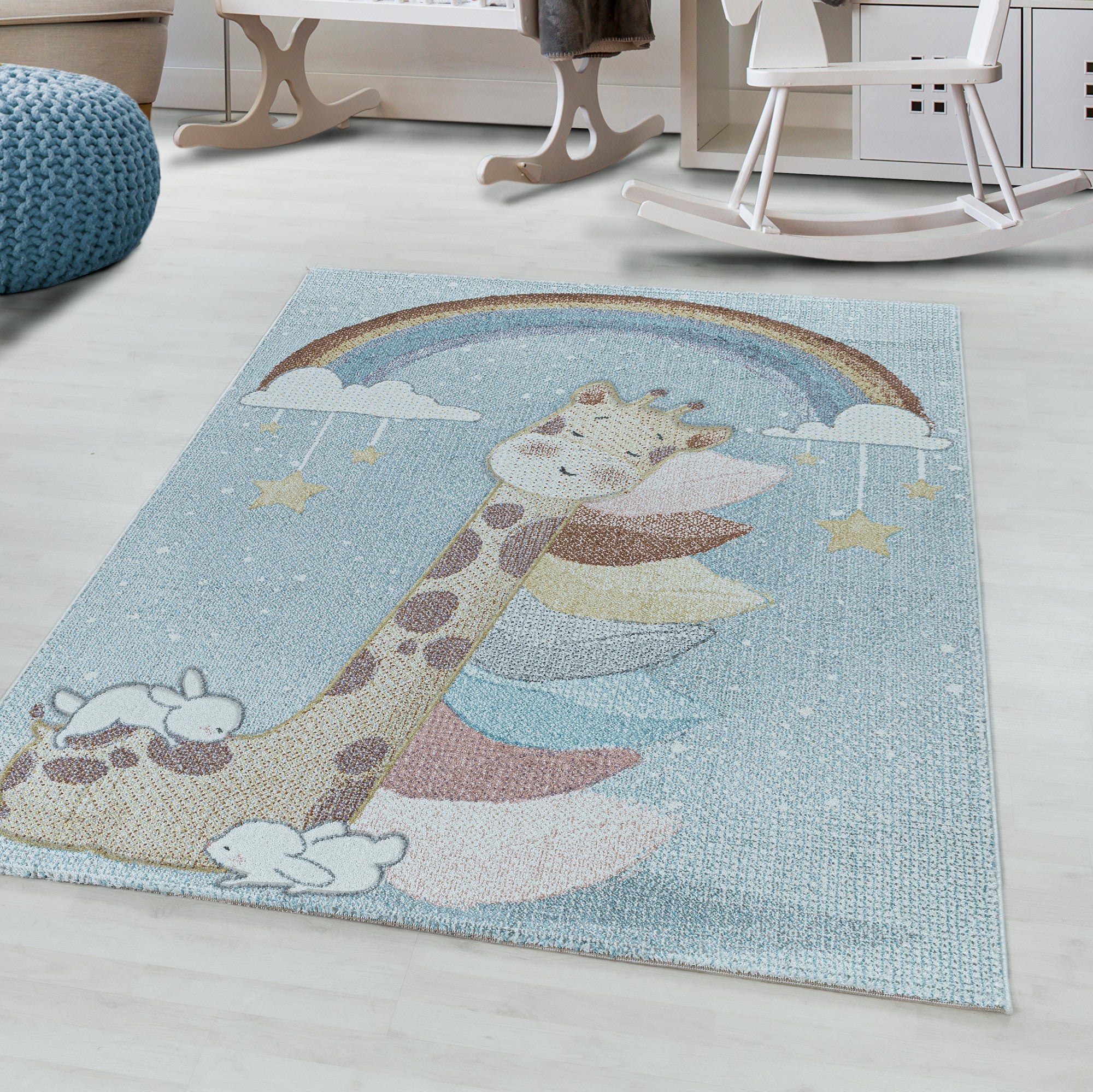Kinderteppich Kurzflor Teppich Kinderzimmer Regenbogen Giraffe Weich Blau