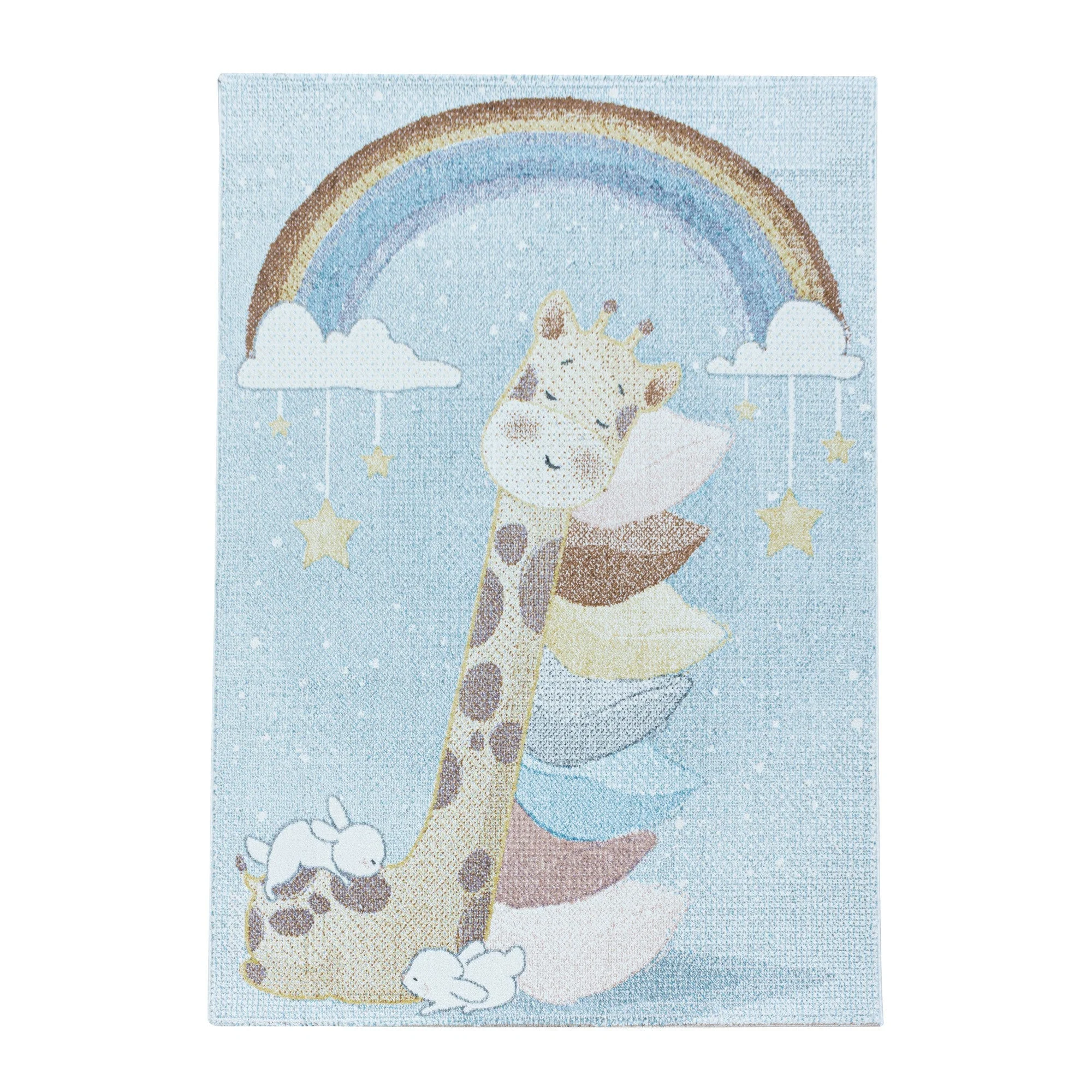 Kinderteppich Kurzflor Teppich Kinderzimmer Regenbogen Giraffe Weich Blau - Image 2