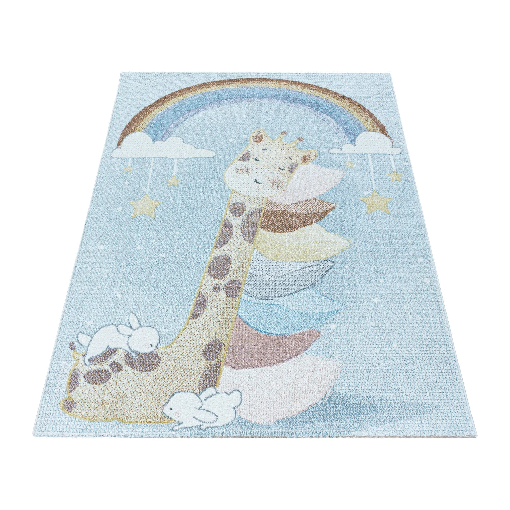 Kinderteppich Kurzflor Teppich Kinderzimmer Regenbogen Giraffe Weich Blau - Image 3