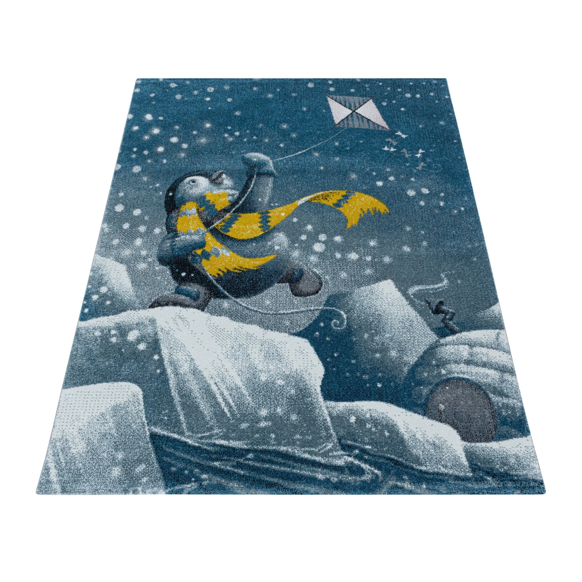 Kurzflor Kinderteppich Design Blau Pinguin Iglu Kinderzimmerteppich Weich - Image 3
