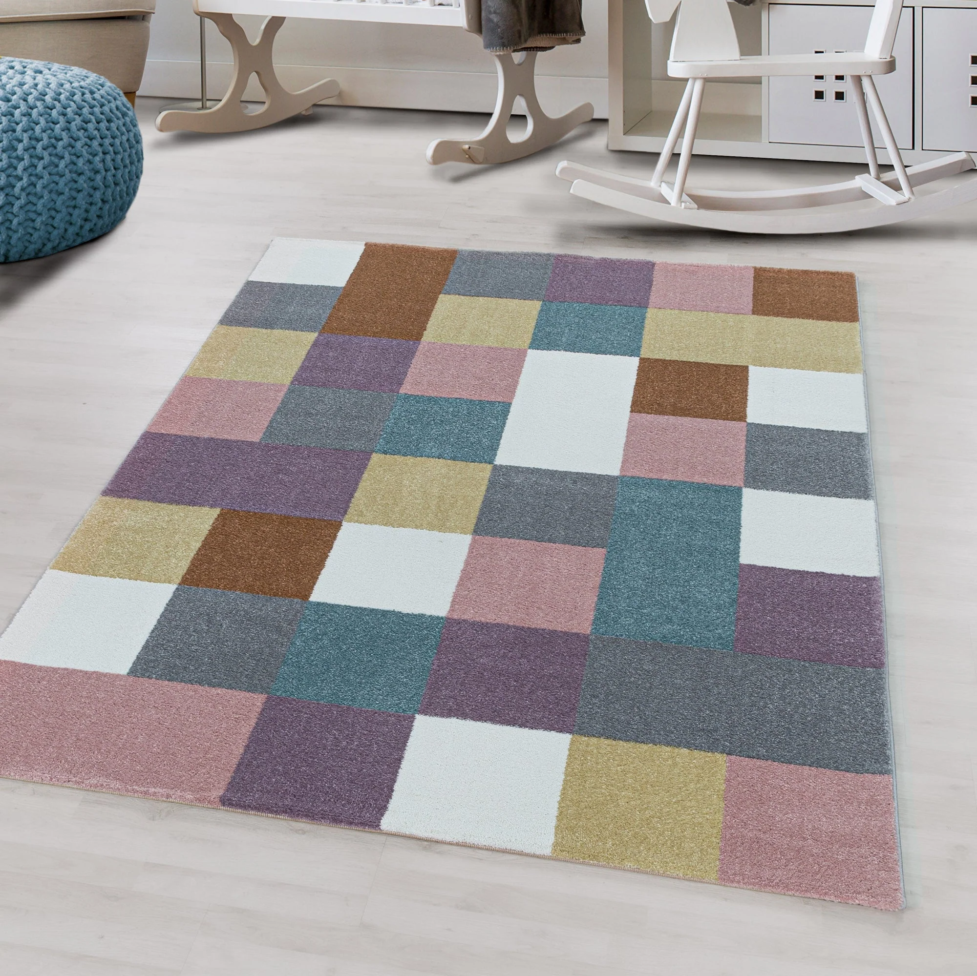 Kurzflor Kinderteppich Design Bunte Kacheln Kinderzimmerteppich Weich Mehrfarbig