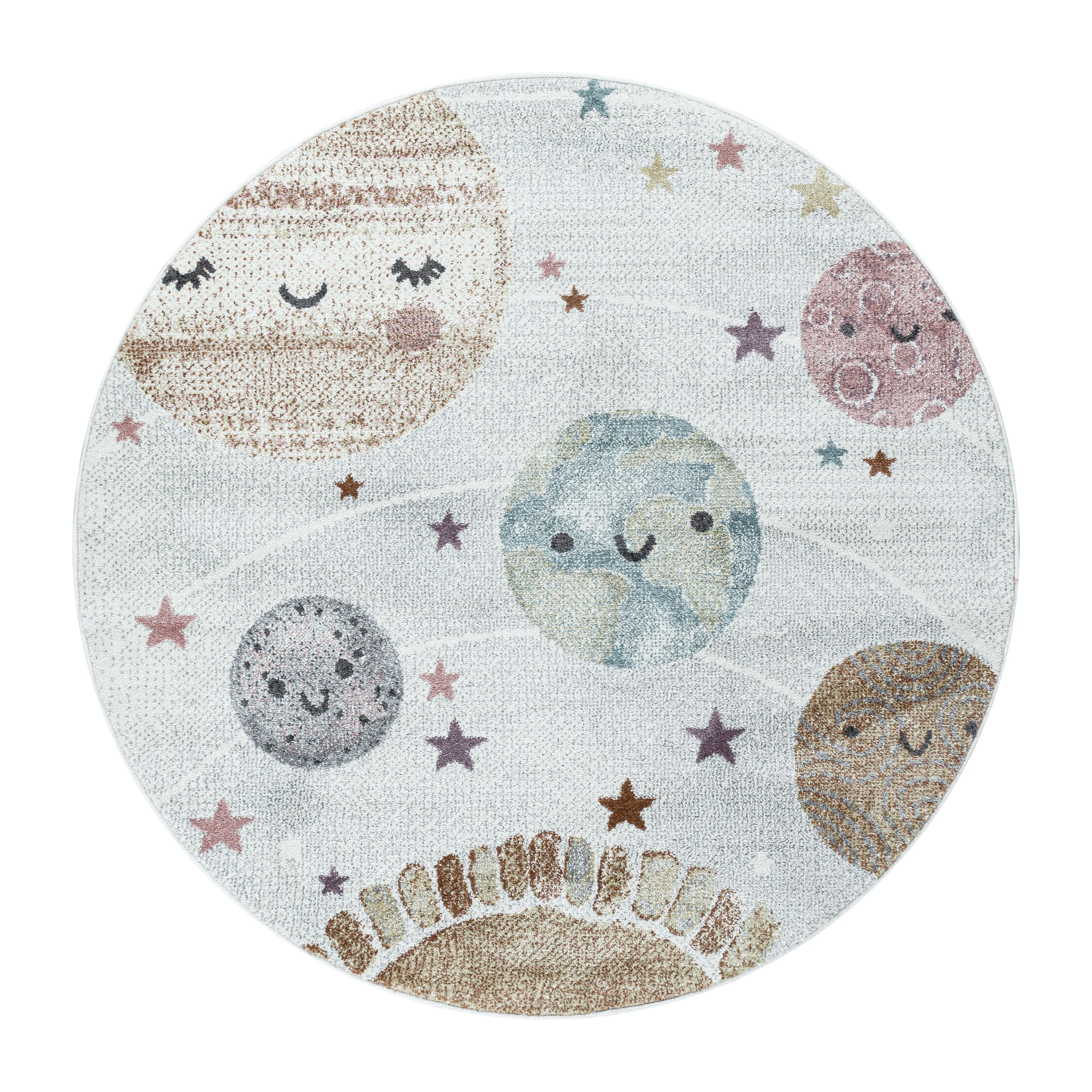 Kurzflor Kinderteppich Design Planet Weltall Mond Kinderzimmer Teppich Weiss - Image 4