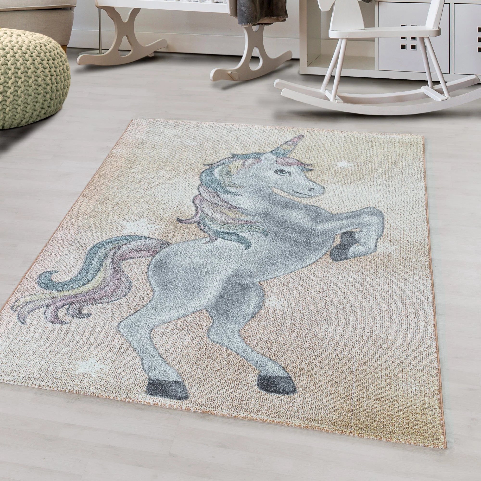 Gelber Kinderzimmer Teppich mit Einhornmotiv