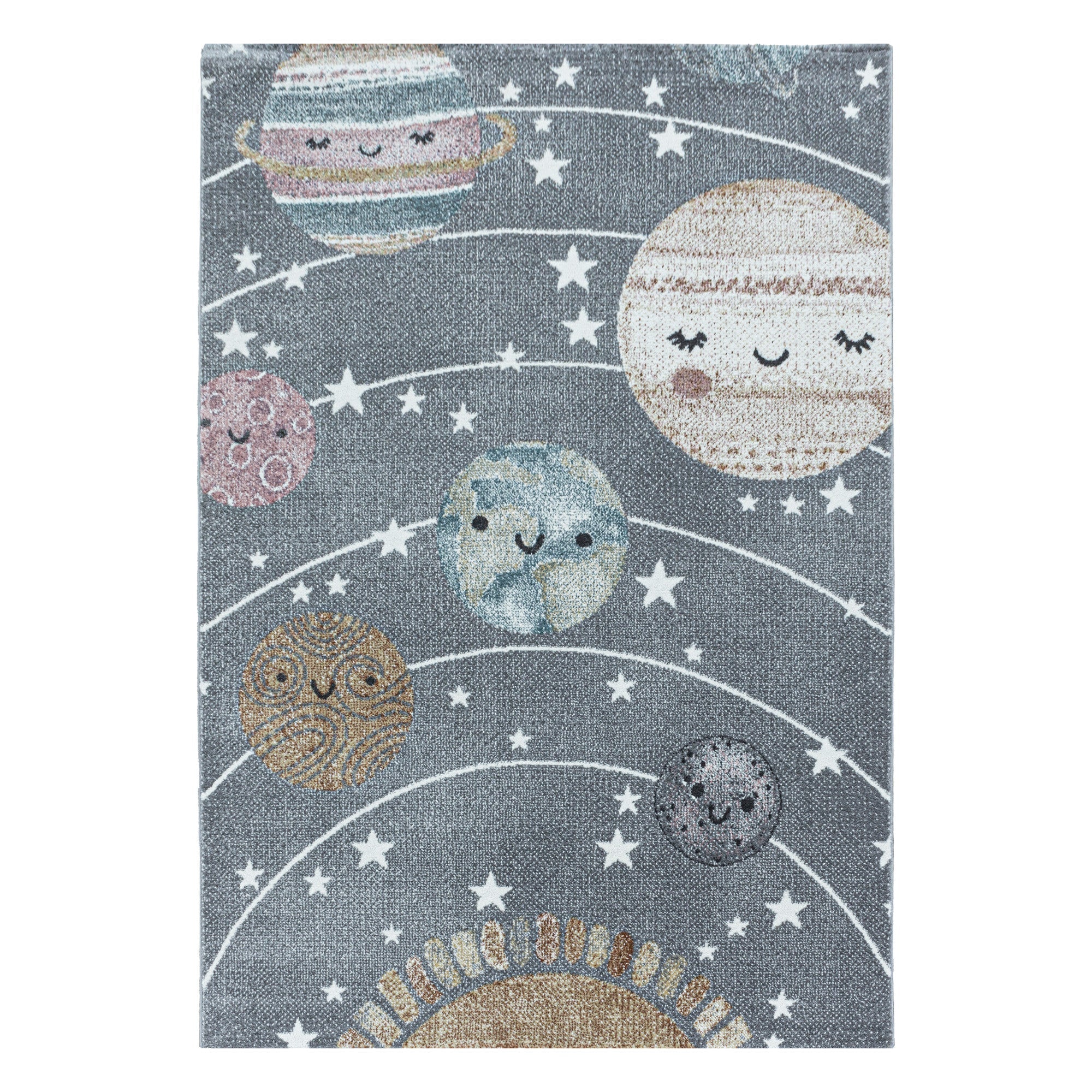 Kurzflor Kinderteppich Planet Weltall Sonne Mond Kinderzimmer Teppich Grau - Image 2