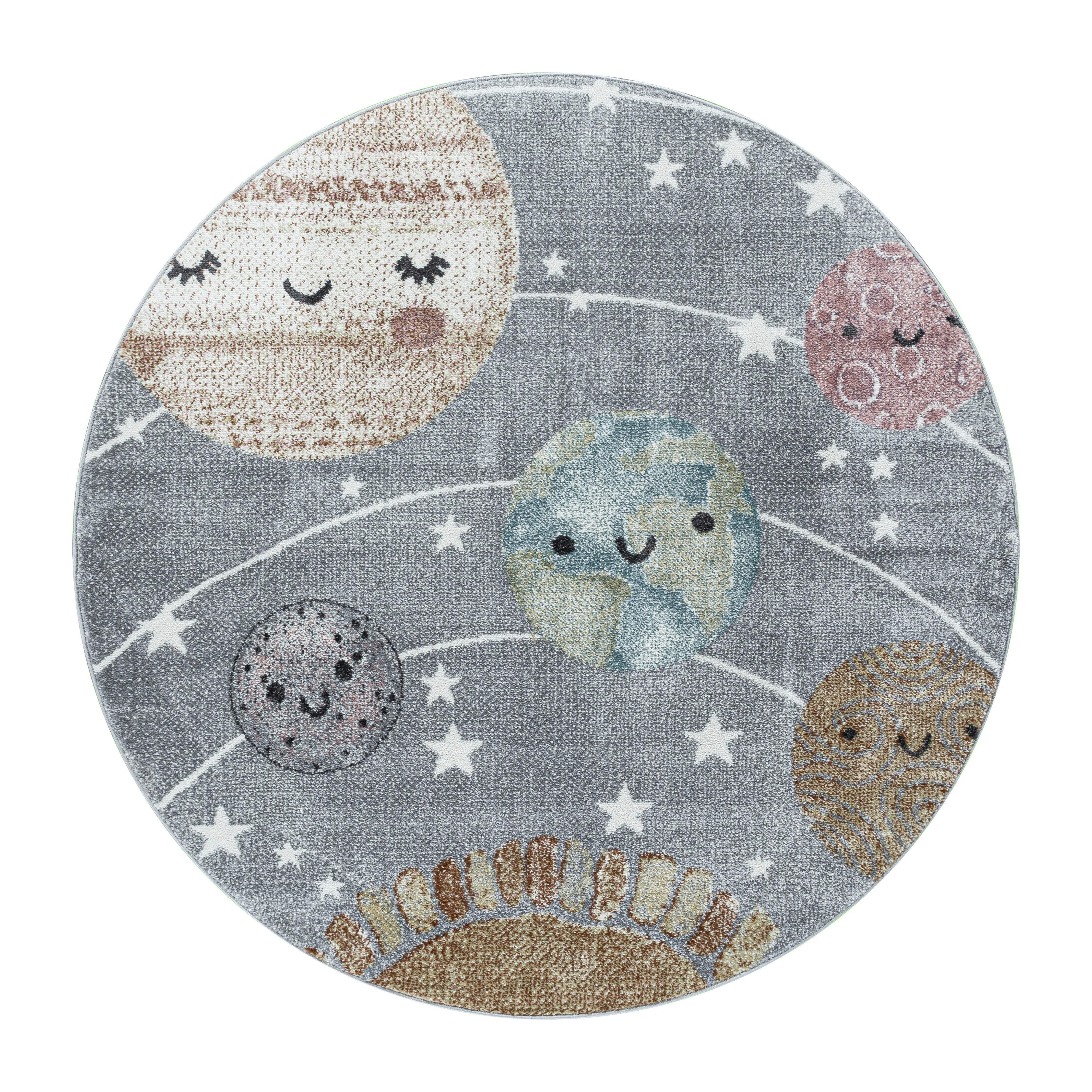 Kurzflor Kinderteppich Planet Weltall Sonne Mond Kinderzimmer Teppich Grau - Image 4