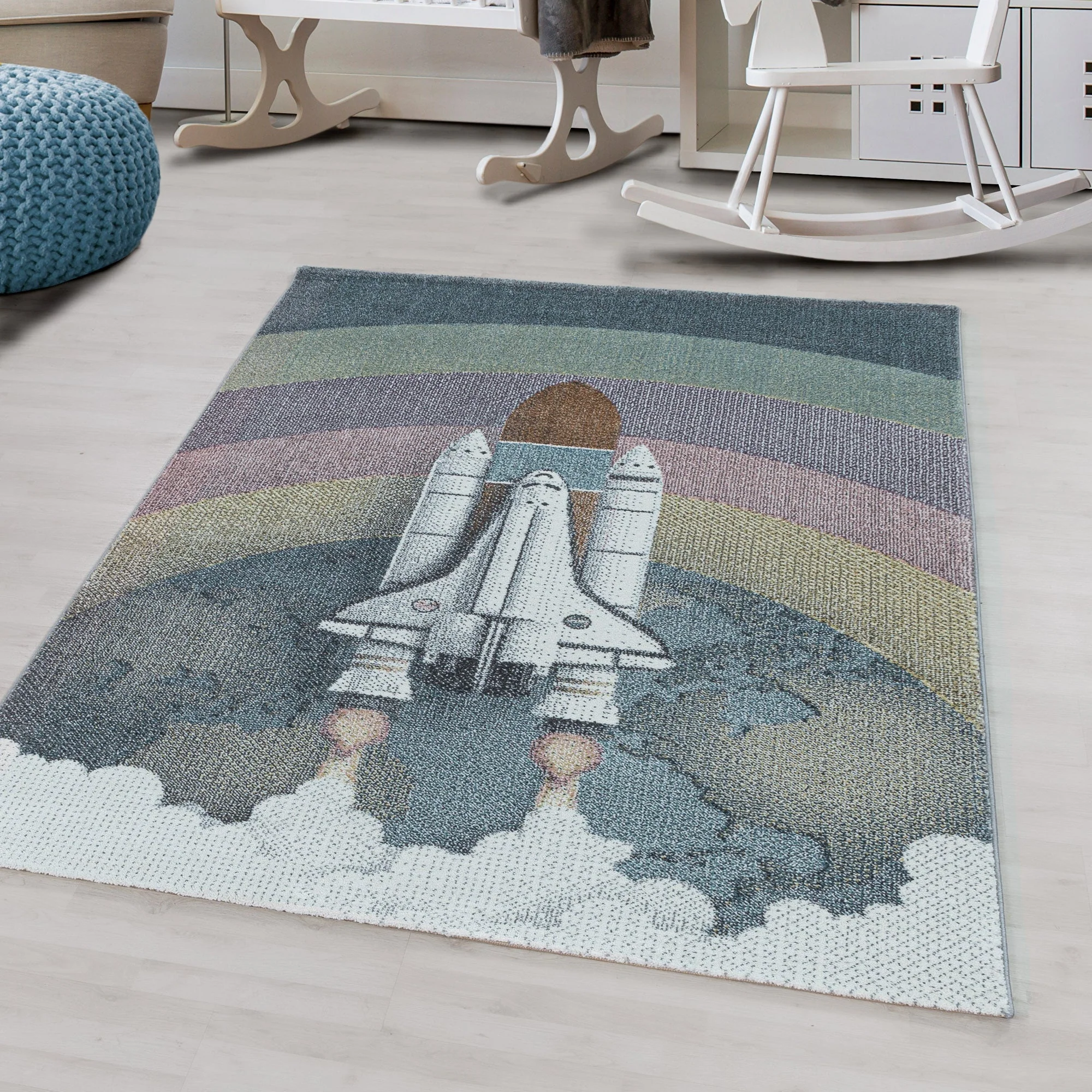 Kurzflor Kinderteppich Rakete Raumschiff Shuttle Kinderzimmer Teppich Blau