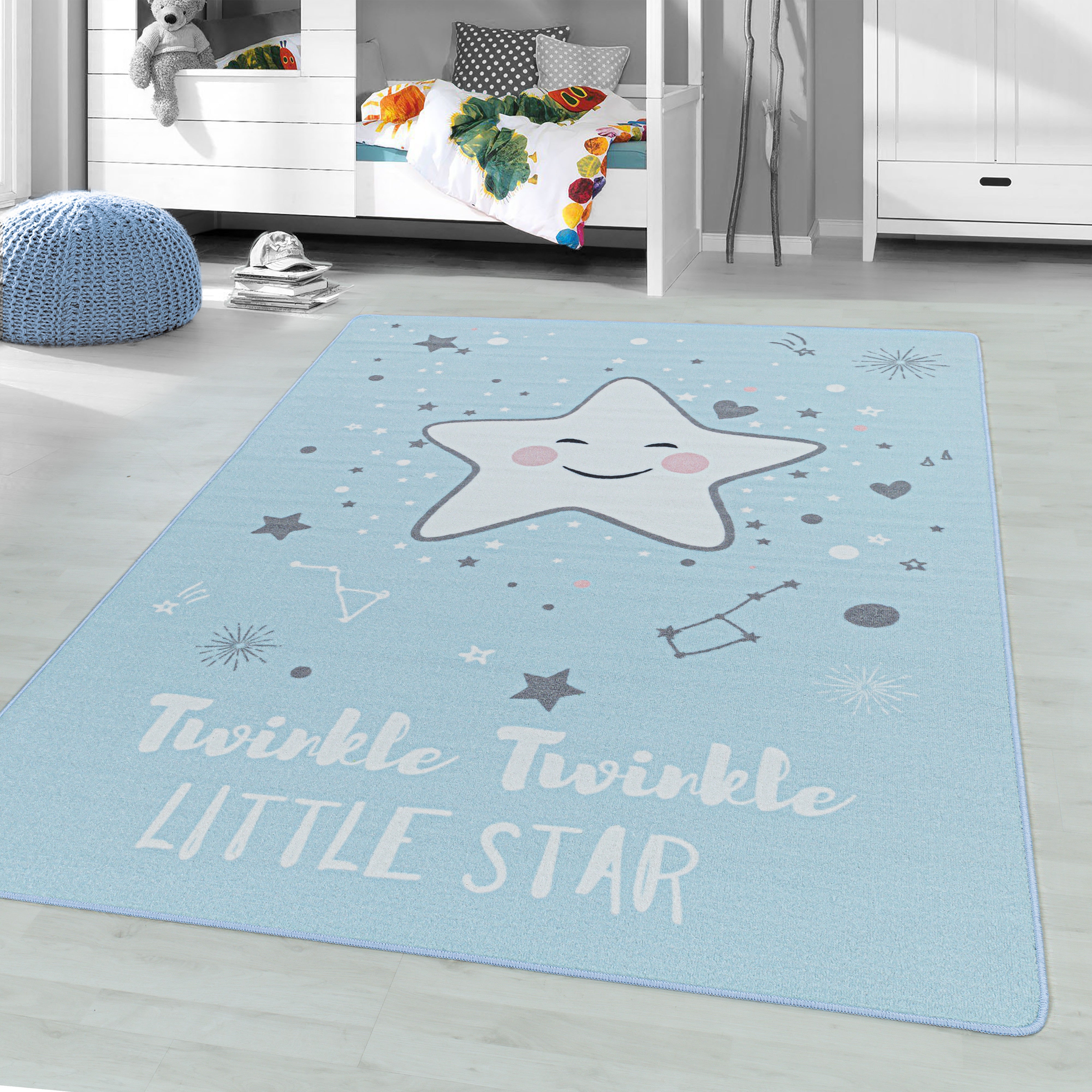 Kurzflor Spielteppich für Babys mit Sternmotiven in Blau
