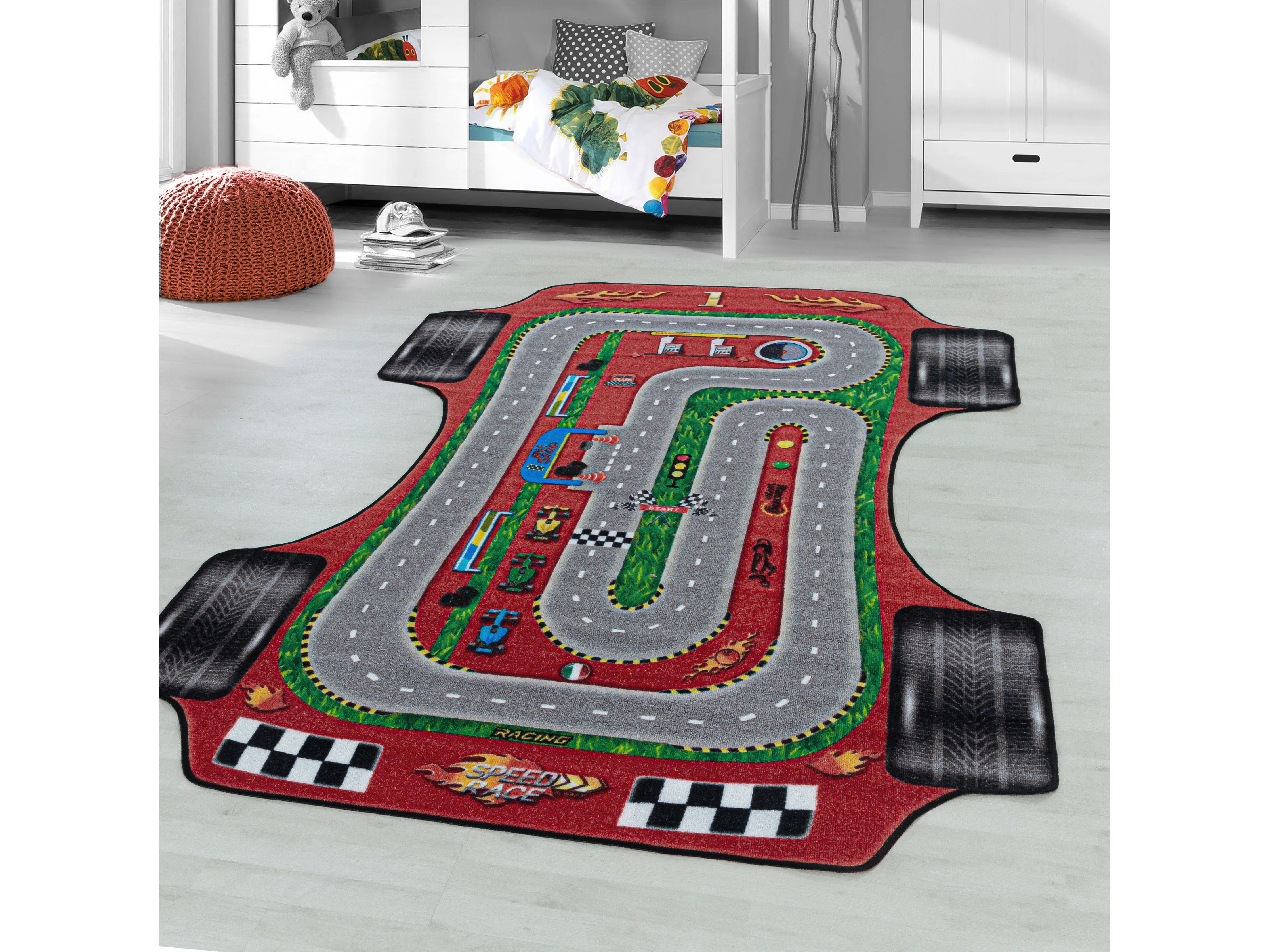 Kurzflor Kinderteppich Spielteppich Kinderzimmer Teppich Rennstrecke Auto Rot