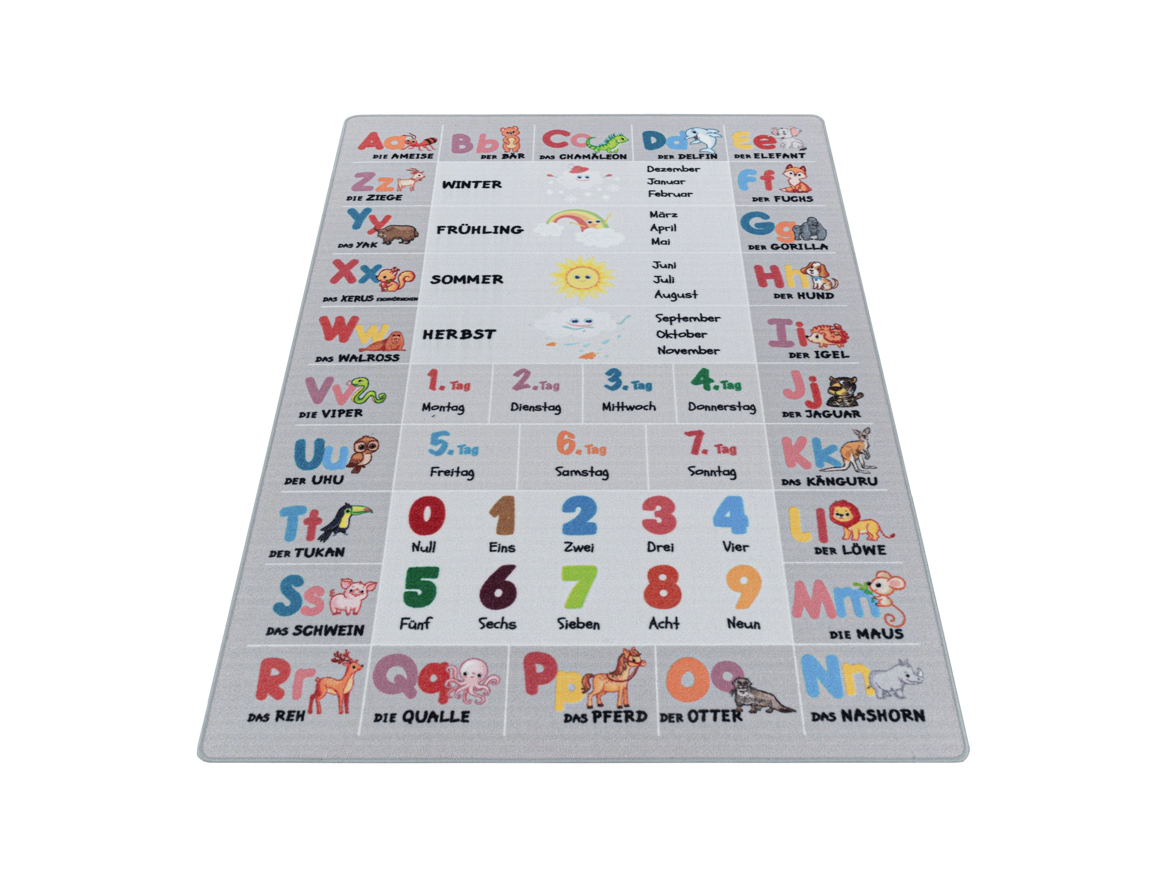 Kurzflor Kinderteppich Spielteppich Teppich Buchstaben Zahlen Jahreszeiten Grau - Image 3