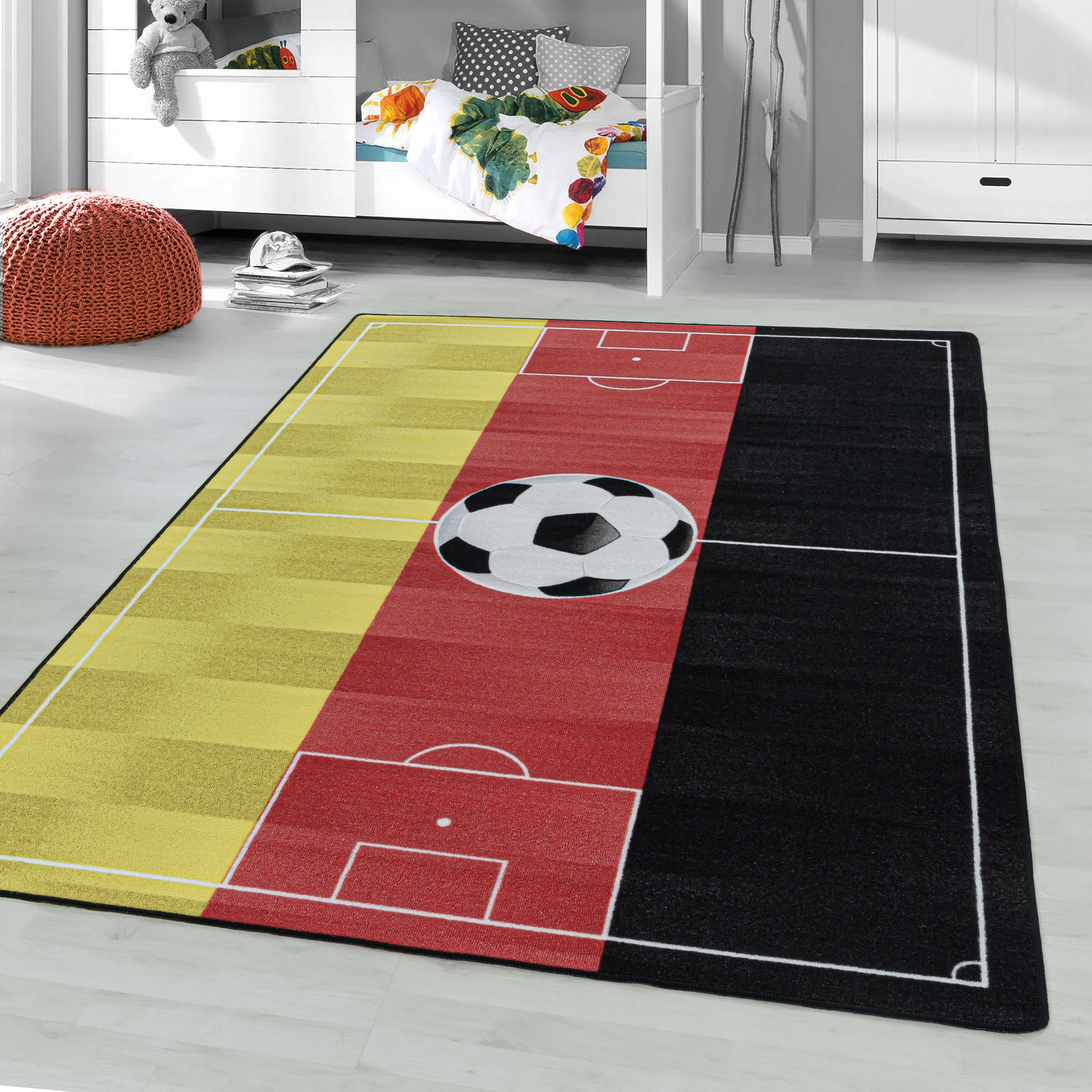 Kurzflor Kinderteppich Spielteppich Teppich Fussball Deutschland Rot