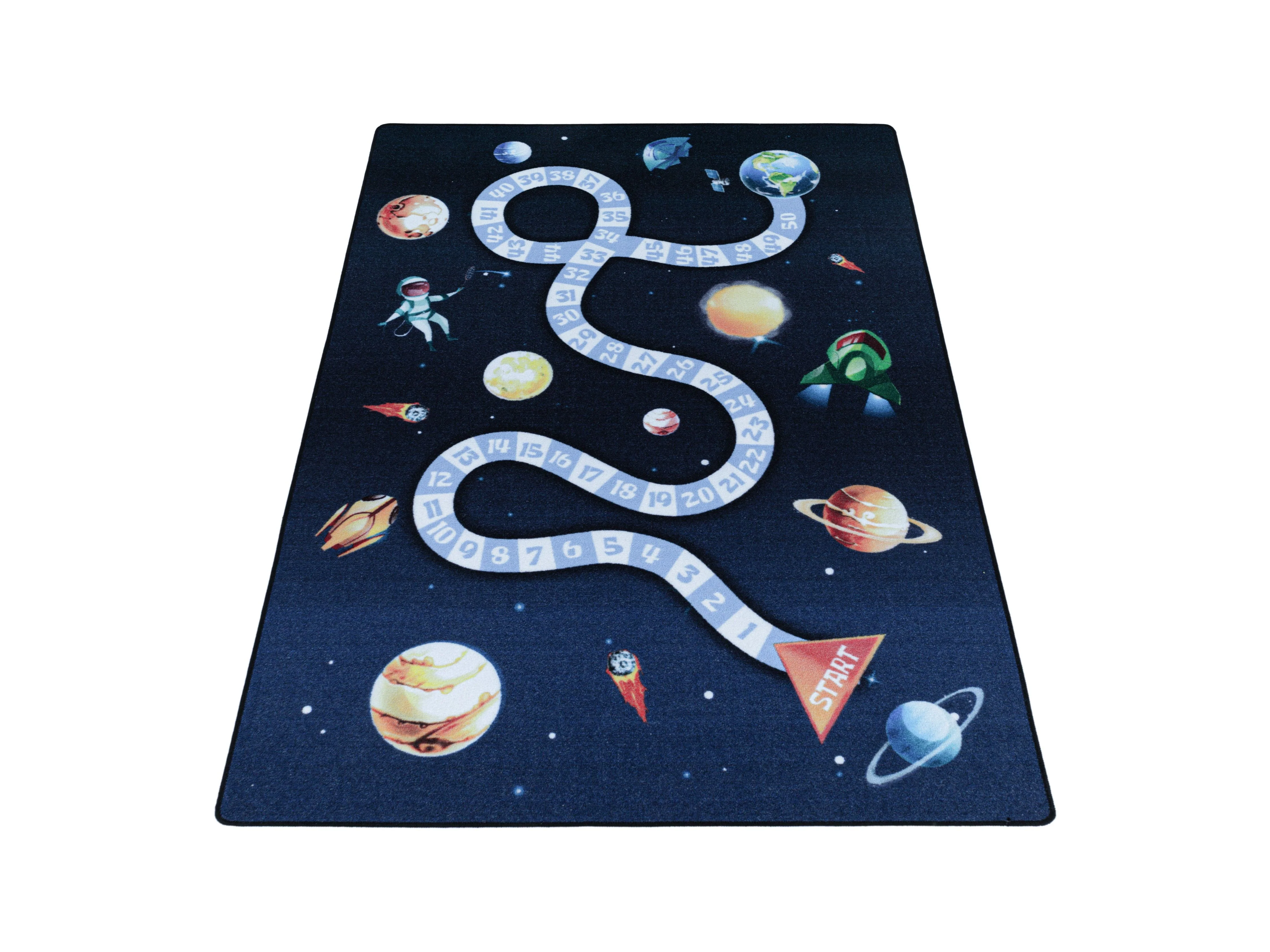 Kurzflor Teppich Kinderteppich Kinderzimmer Spiel Weltall Planet Rakete Blau - Image 3