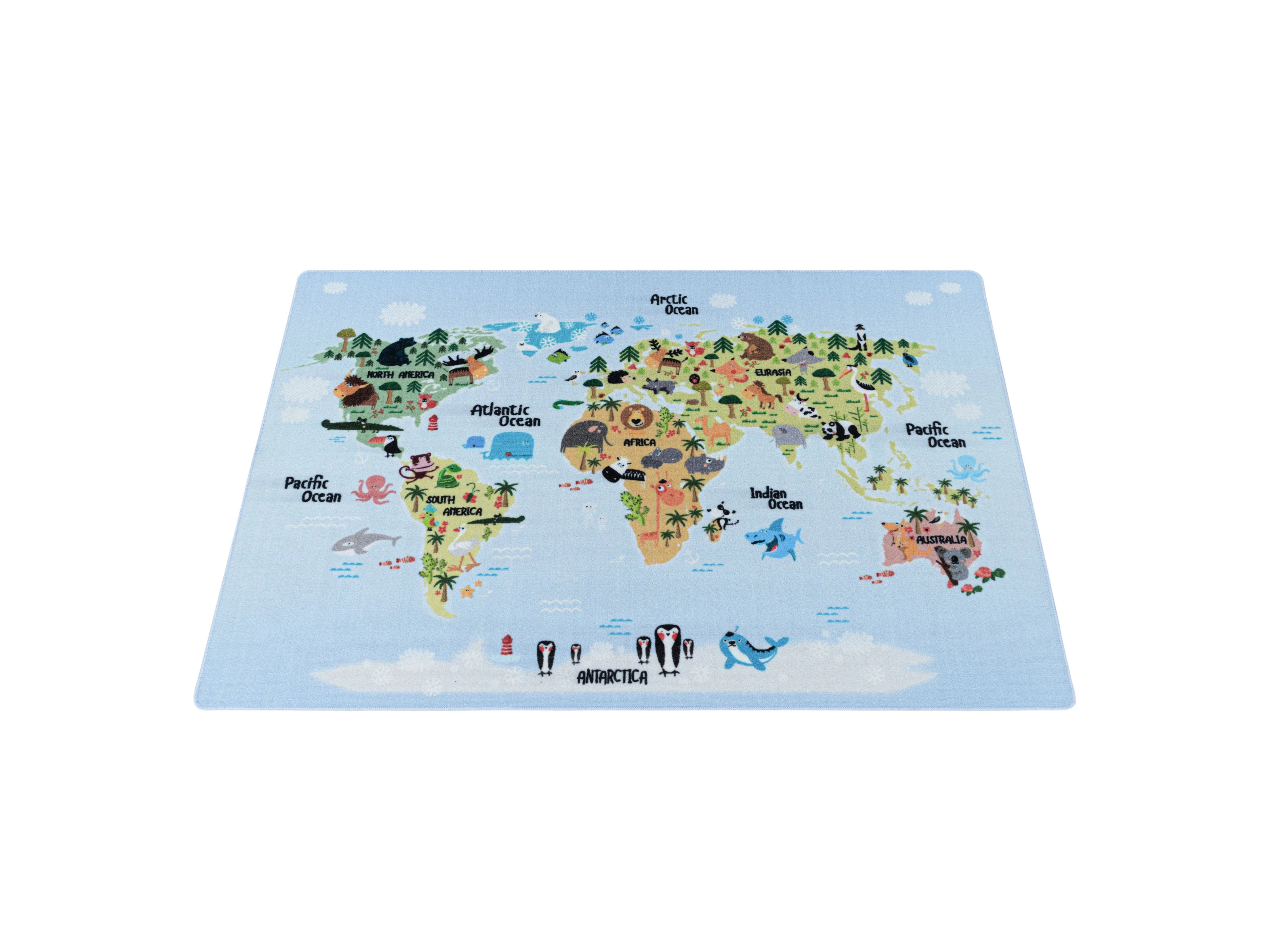 Kurzflor Teppich Kinderteppich Kinderzimmer Spielteppich Weltkarte Tiere Weiss - Image 3