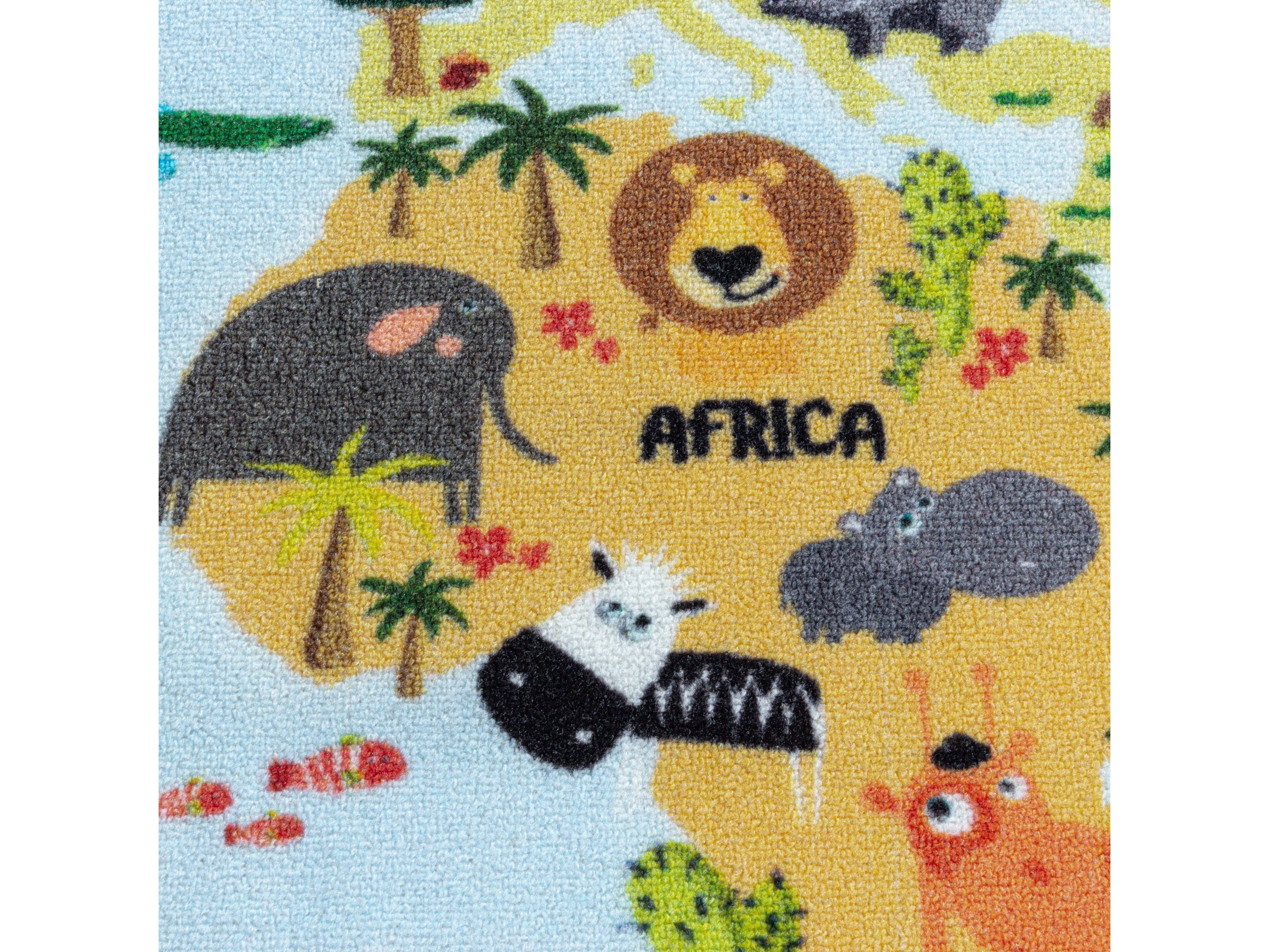 Kurzflor Teppich Kinderteppich Kinderzimmer Spielteppich Weltkarte Tiere Weiss - Image 5