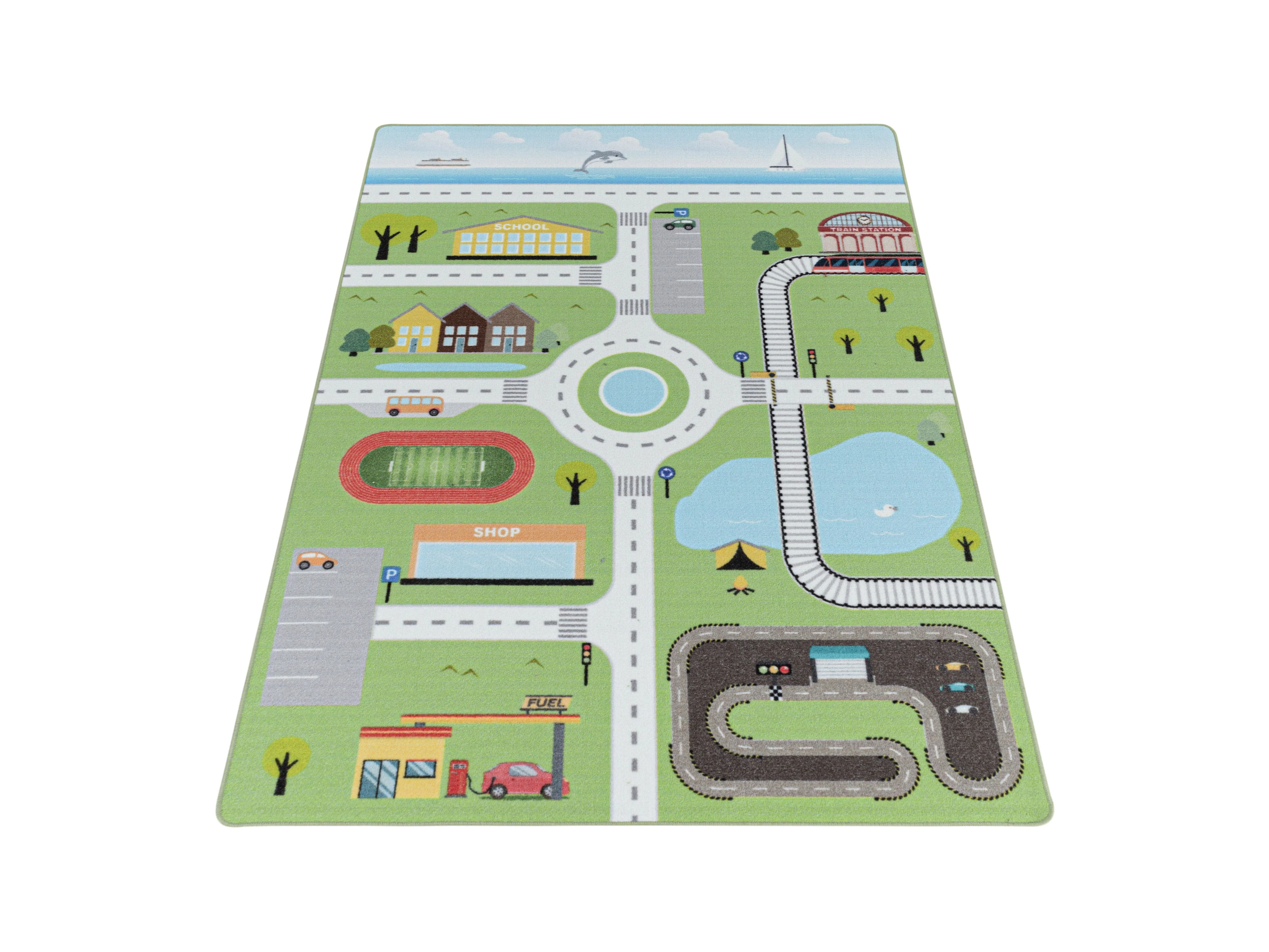 Kurzflor Teppich Spielteppich Kinderzimmer Teppich Motiv Straße Verkehr Grün - Image 3